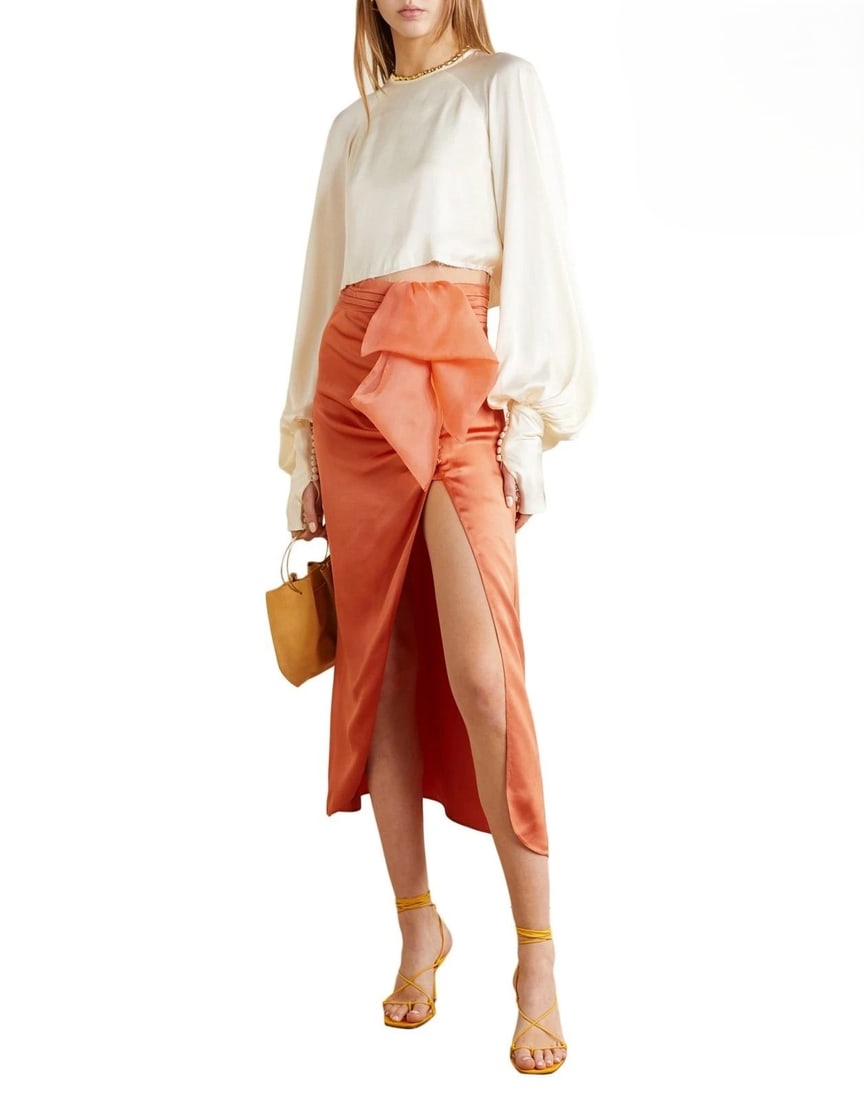 IMPORTED MSRP €392 VANESSA COCCHIARO Satin Midi Skirt US 6 / S Orange Draped (1 of 6)