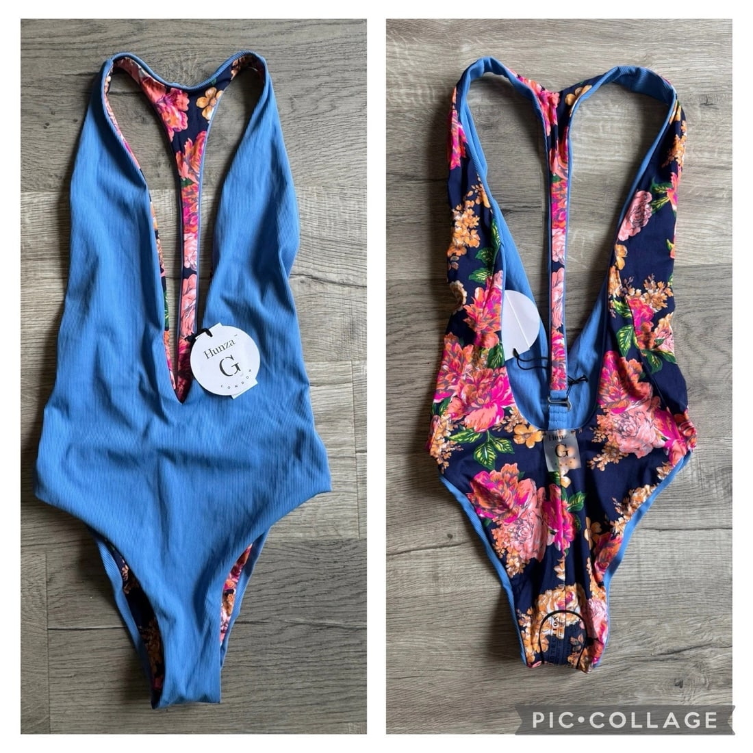IMPORTED MSRP €215 Hunza G Reversible One-Piece Swimsuit Blue Floral Deep V One Size NWT (1 of 7)