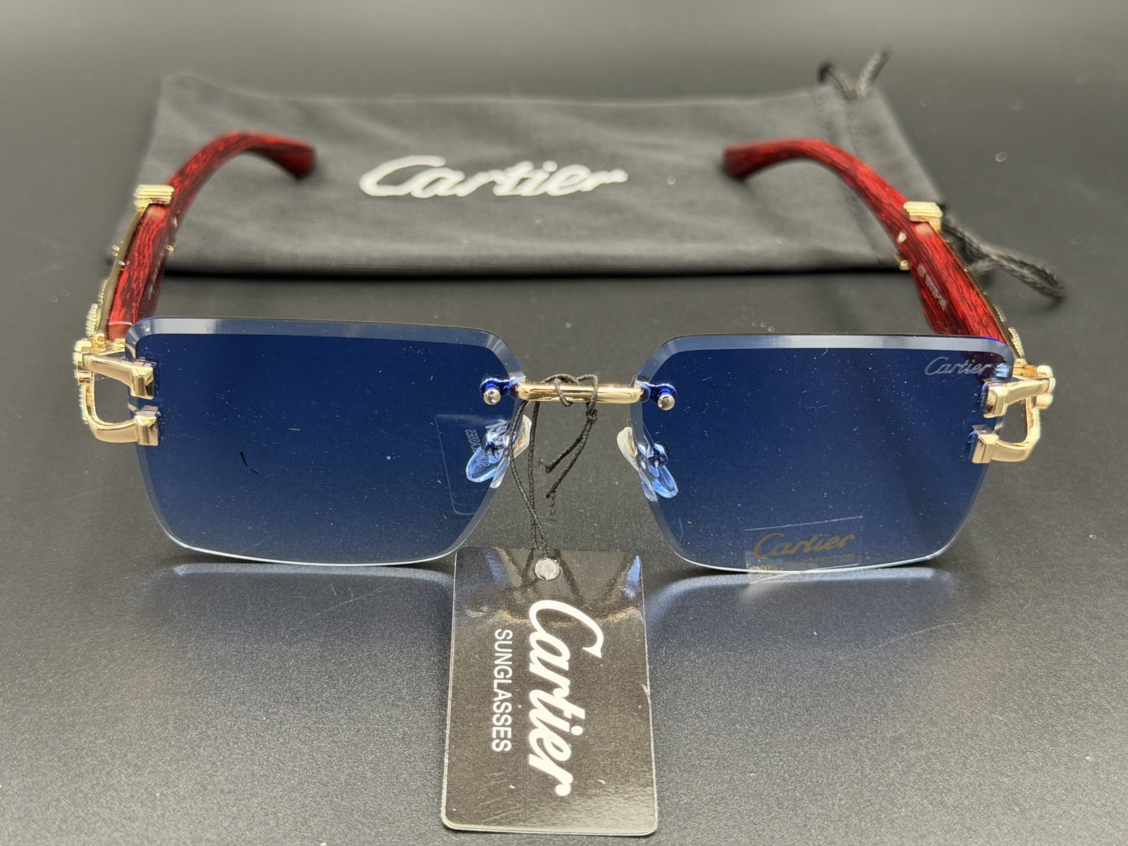 MSRP $1,695 CARTIER Rimless Blue Lens Sunglasses Red Wood-Effect Temples w/ Pouch NWT (U (1 of 15)