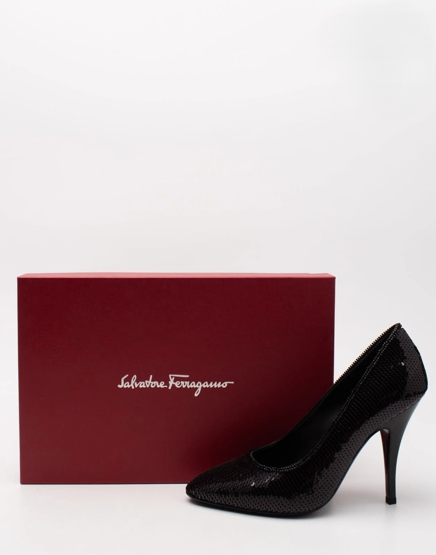IMPORTED MSRP €695 SALVATORE FERRAGAMO Leather Court Shoes US10 Black Sequins Made in Italy NIB (1 of 11)