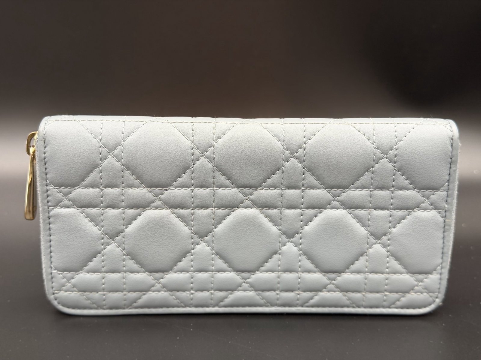 MSRP $2,639 CHRISTIAN DIOR Lady Dior Light Blue Cannage Zip Wallet (Unauthenticated): PLEASE READ: This item has not been authenticated by Atomic Pear. Please ask absolutely any questions or request additional photographs before you bid. Thank you! Love, Atomic Pear Christian Dior Lady