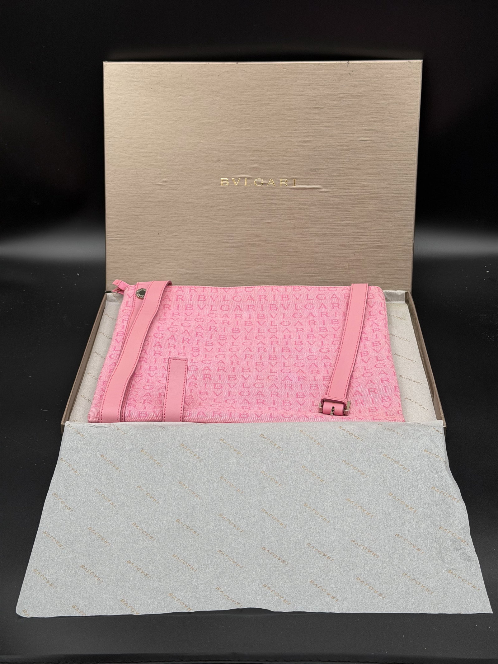 MSRP $995 BVLGARI Pink Monogram Canvas Crossbody Pouch with Box (Unauthenticated): PLEASE READ: This item has not been authenticated by Atomic Pear. Please ask absolutely any questions or request additional photographs before you bid. Thank you! Love, Atomic Pear Bvlgari crossbody p