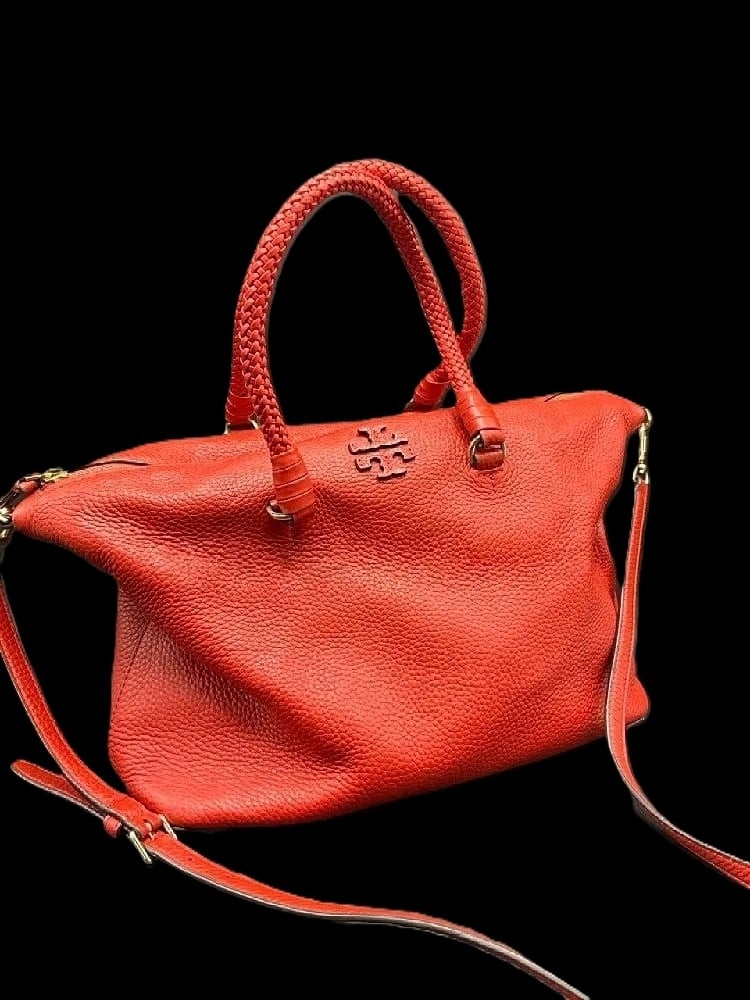 MSRP $995 TORY BURCH Red Leather Handbag w/ Braided Handles & Strap (Unauthenticated): PLEASE READ: This item has not been authenticated by Atomic Pear. Please ask absolutely any questions or request additional photographs before you bid. Thank you! Love, Atomic Pear Red Tory Burch leat