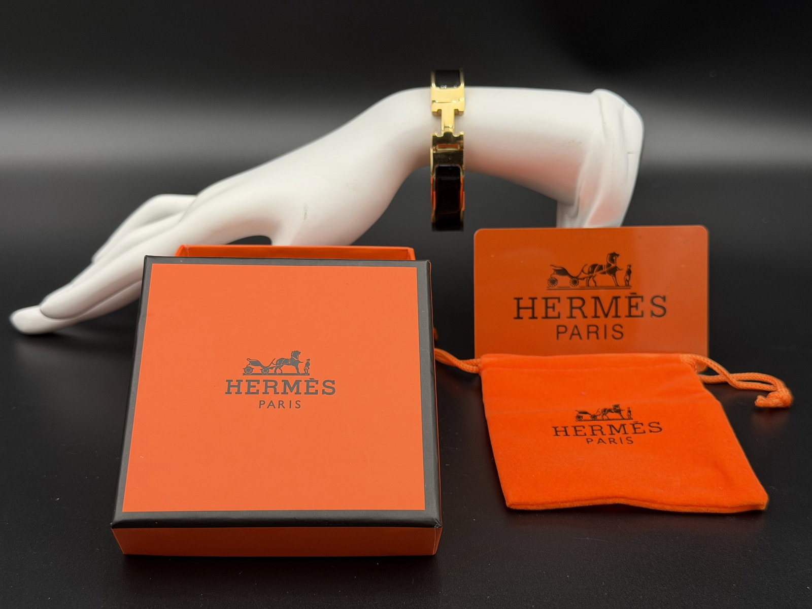 MSRP $1,095 HERMÈS Clic Clac H Bracelet Black Enamel Gold-Plated PM w/ Box & Pouch (1 of 18)