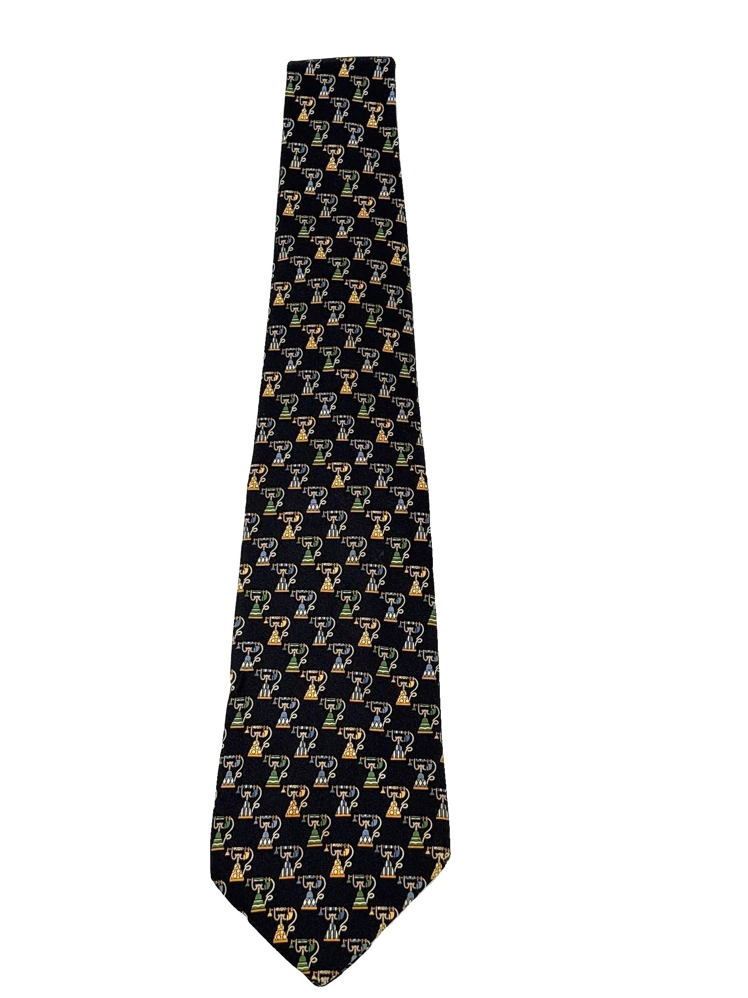 MSRP $325 SALVATORE FERRAGAMO Black Multi-Motif Silk Necktie w/ Box (Unauthenticated): PLEASE READ: This item has not been authenticated by Atomic Pear. Please ask absolutely any questions or request additional photographs before you bid. Thank you! Love, Atomic Pear Salvatore Ferragamo