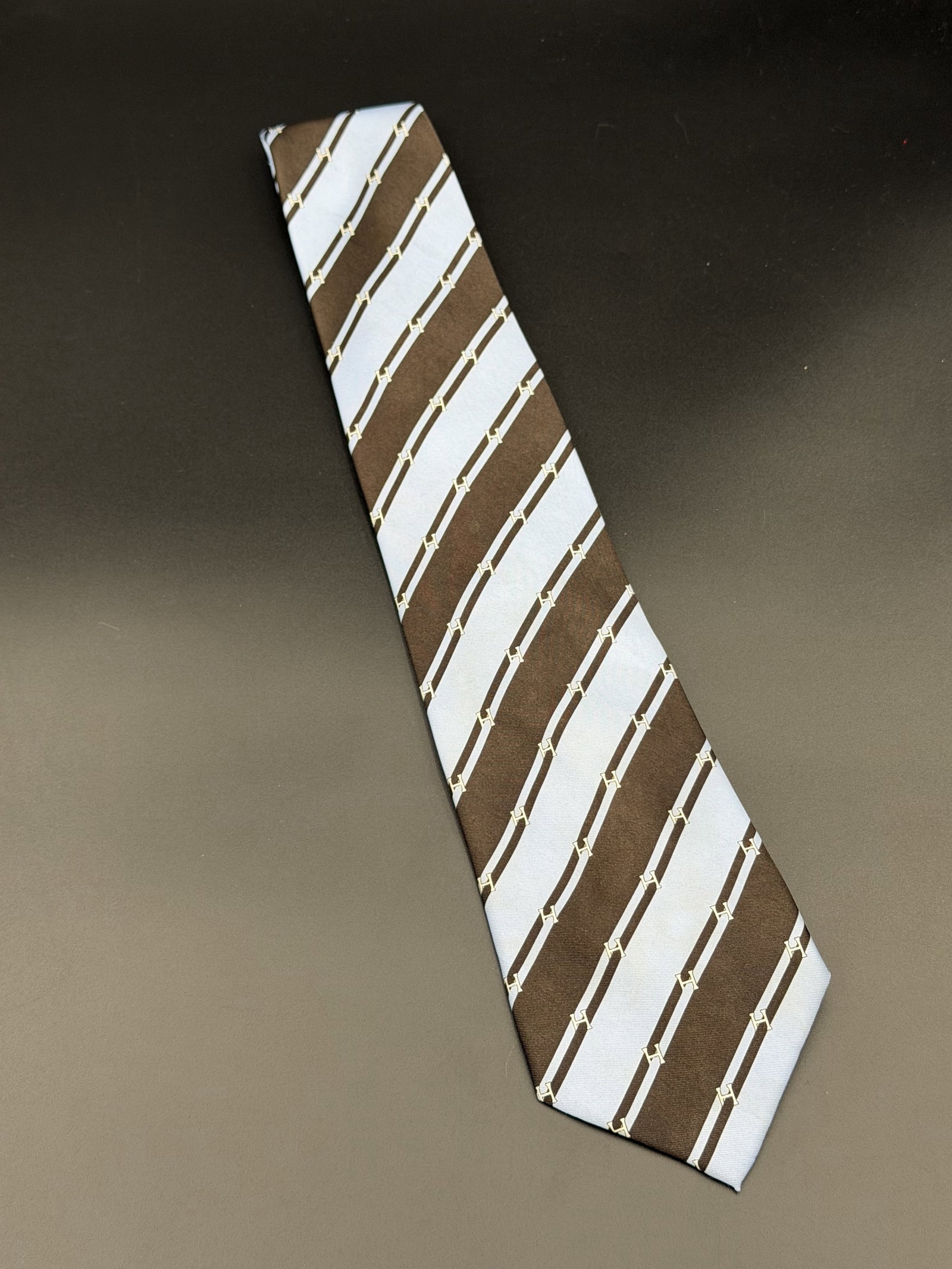 MSRP $325 HERMÈS 100% Silk H Stripe Tie Brown Light Blue France (Unauthenticated) (1 of 10)