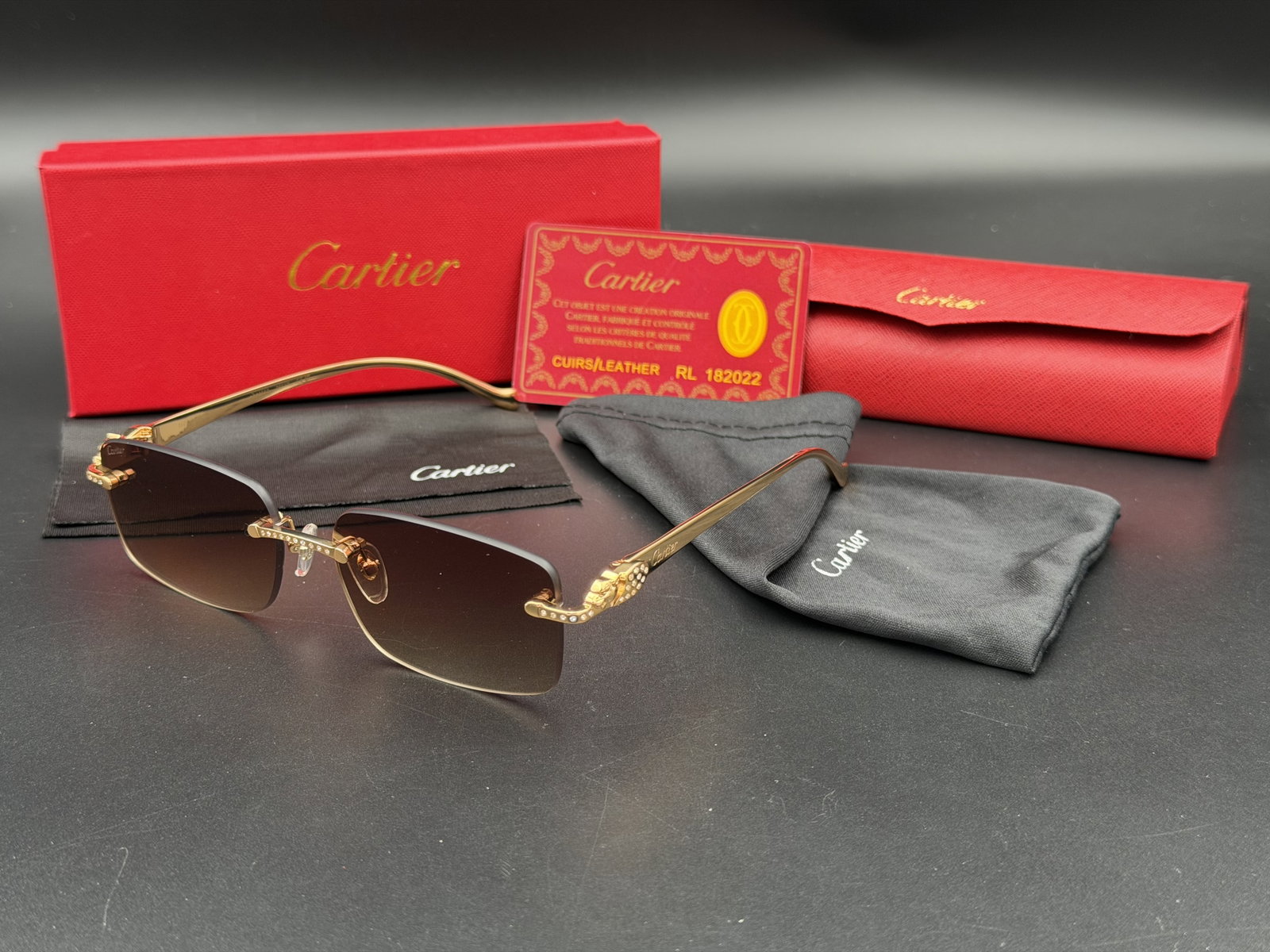 MSRP $1,695 Cartier Panthère de Cartier Rimless Crystal Accent Sunglasses Box Set NWOT in Box (1 of 11)