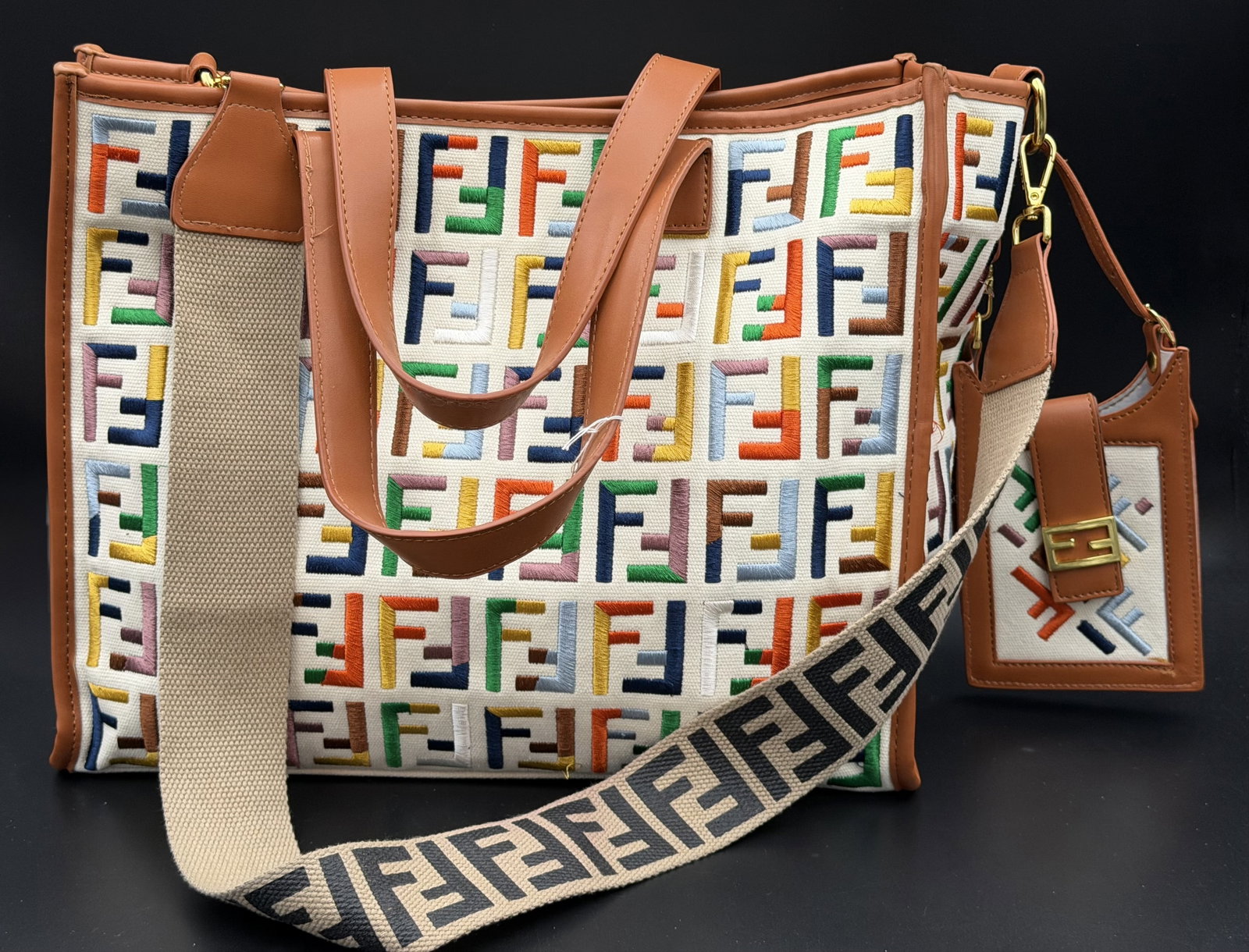 MSRP $3,890 Fendi Sunshine Medium Multicolor FF Embroidered Canvas Tote Bag Strap & Mini Pouch (: PLEASE READ: This item has not been authenticated by Atomic Pear. Please ask absolutely any questions or request additional photographs before you bid. Thank you! Love, Atomic Pear Fendi Sunshine Medi