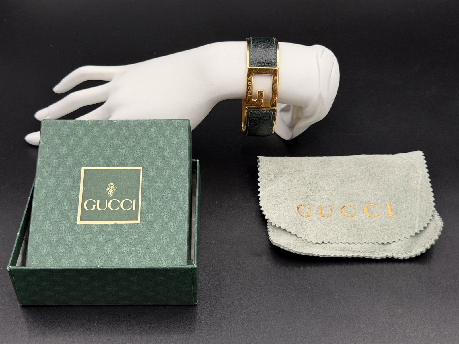 MSRP $895 Gucci Gold G Logo Black Leather Hinged Bangle Bracelet w/ Box & Cloth Italy (Una (1 of 12)