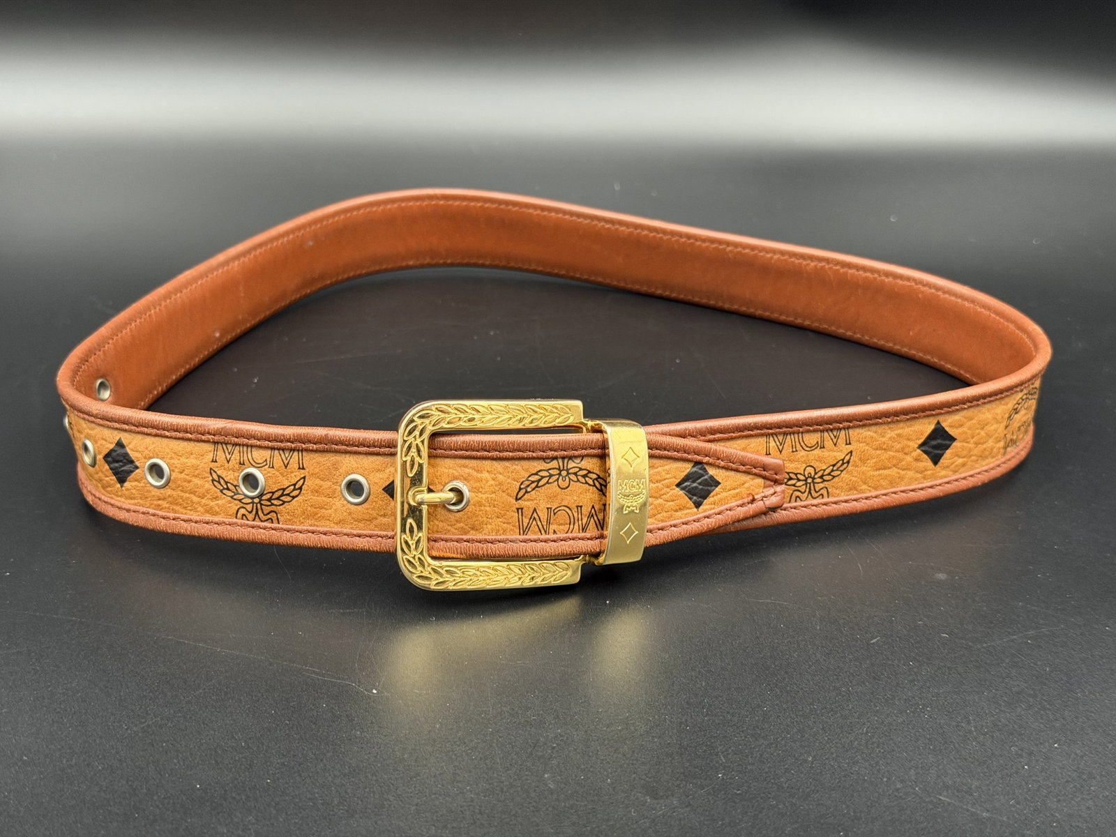 MSRP $550 Vintage MCM Visetos Cognac Leather Belt Gold Tone Buckle Germany Unisex (1 of 17)