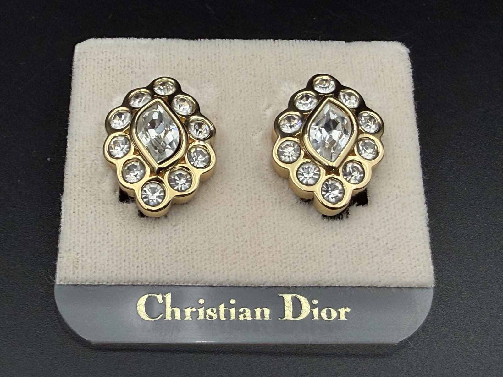 MSRP $995 Vintage Christian Dior Gold-Tone Marquise Rhinestone Halo Clip Earrings (Unauthenticated) (1 of 11)