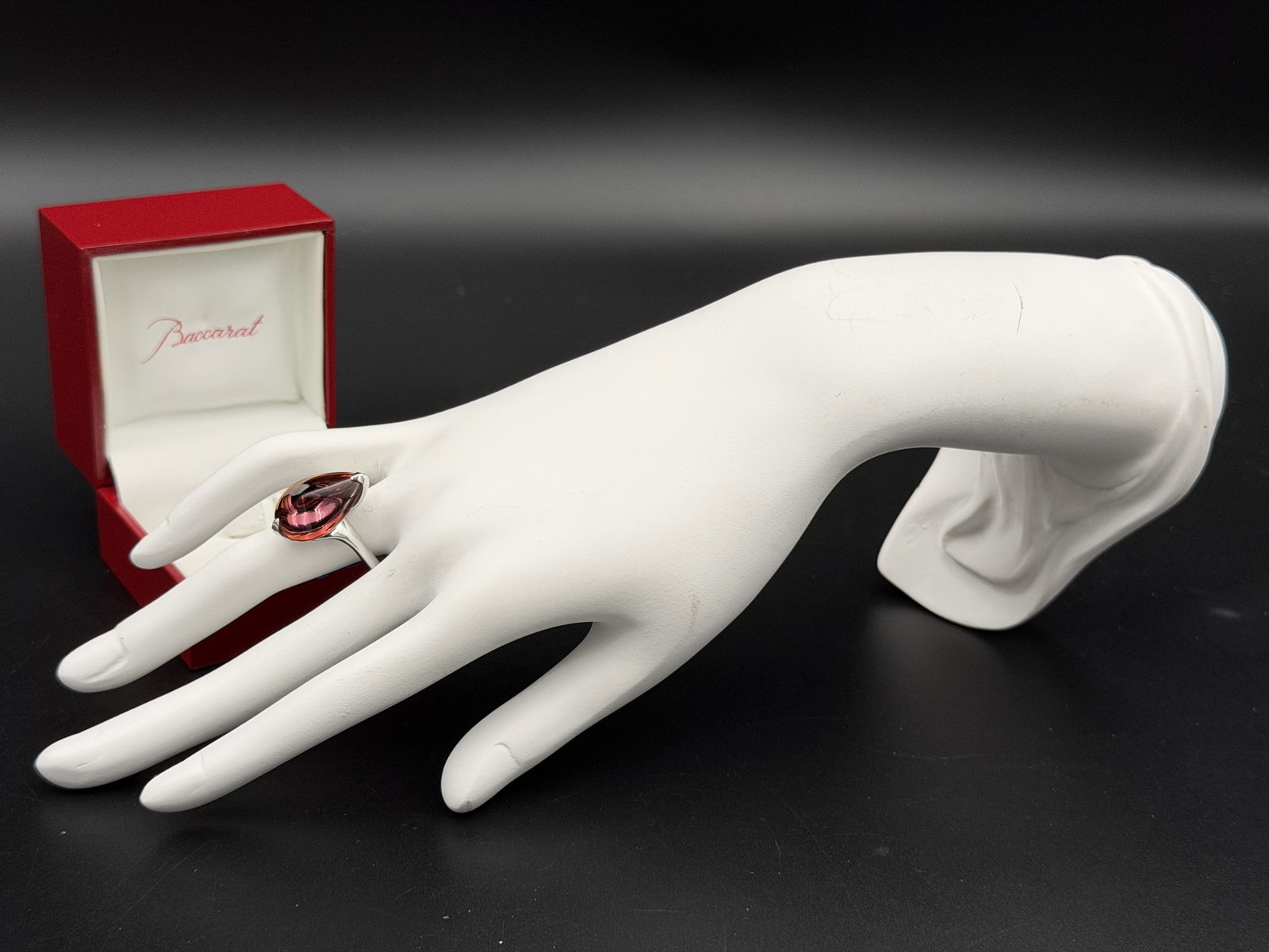 MSRP $310 Baccarat Fleurs de Psydelic Pink Mordore Lead Crystal Sterling Silver Ring Sz 5: Offered is a breathtaking Baccarat "Fleurs de Psydelic" ring featuring a magnificent teardrop-shaped lead crystal drop in the highly coveted Pink Mordore colorway. Inspired by the organic beauty of na