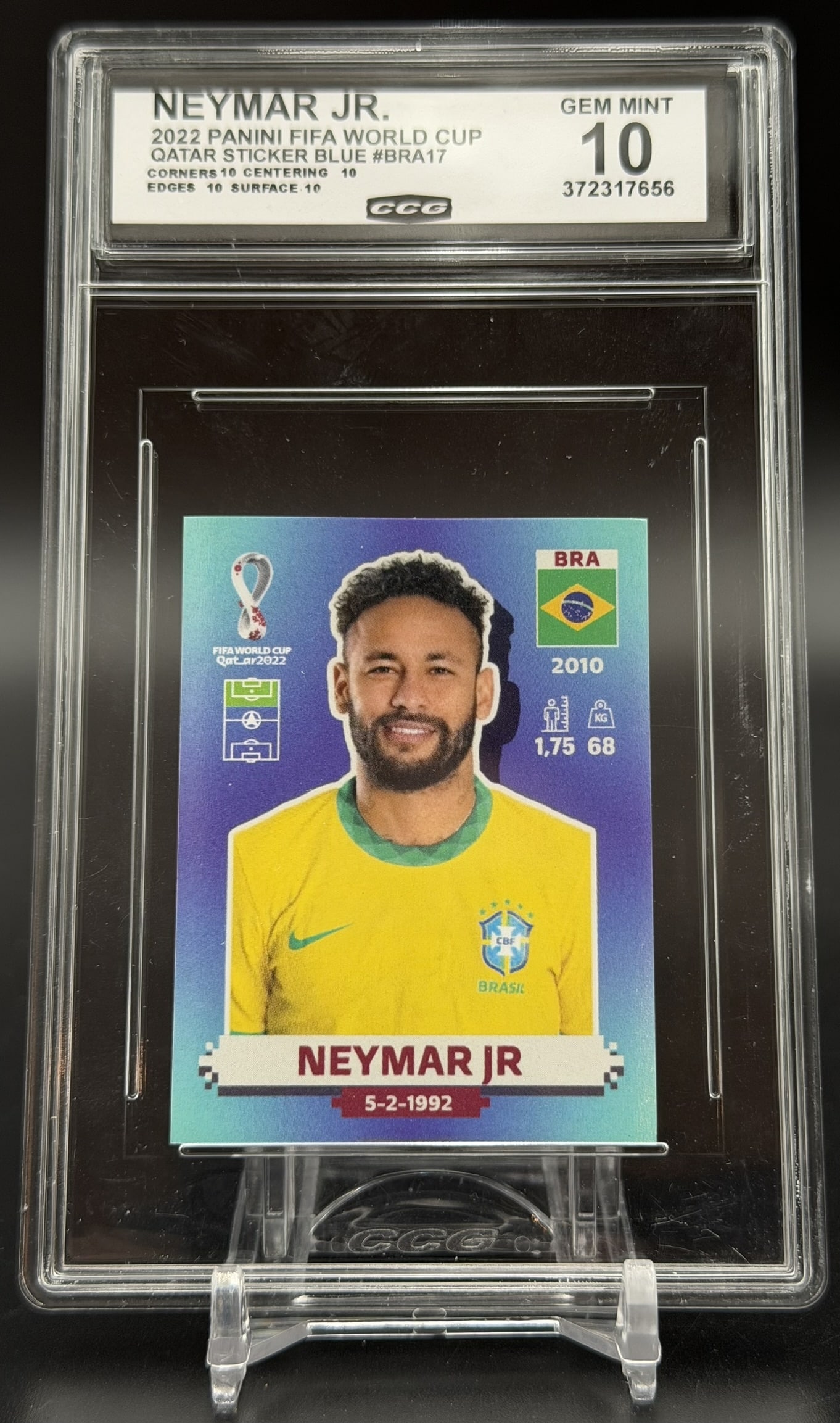 2022 Panini FIFA World Cup Qatar Blue Sticker Neymar Jr BRA17 CCG Gem Mint 10 (1 of 6)
