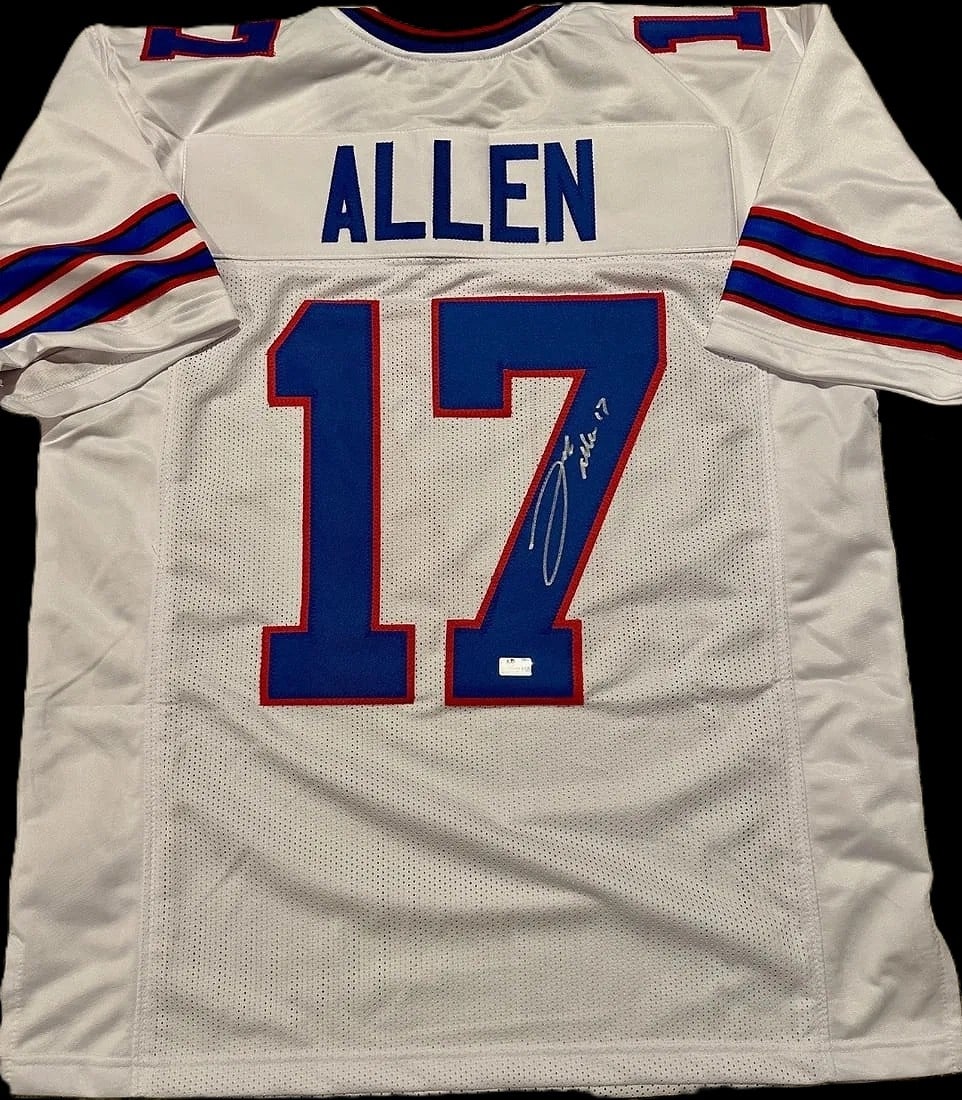 Josh Allen Buffalo Bills Autographed Custom Football Jersey – GA COA: A custom white Buffalo Bills style jersey signed by franchise quarterback Josh Allen. This custom jersey (no league logos, no manufacturer branding) features stitched name "ALLEN" and number 17 in Bil