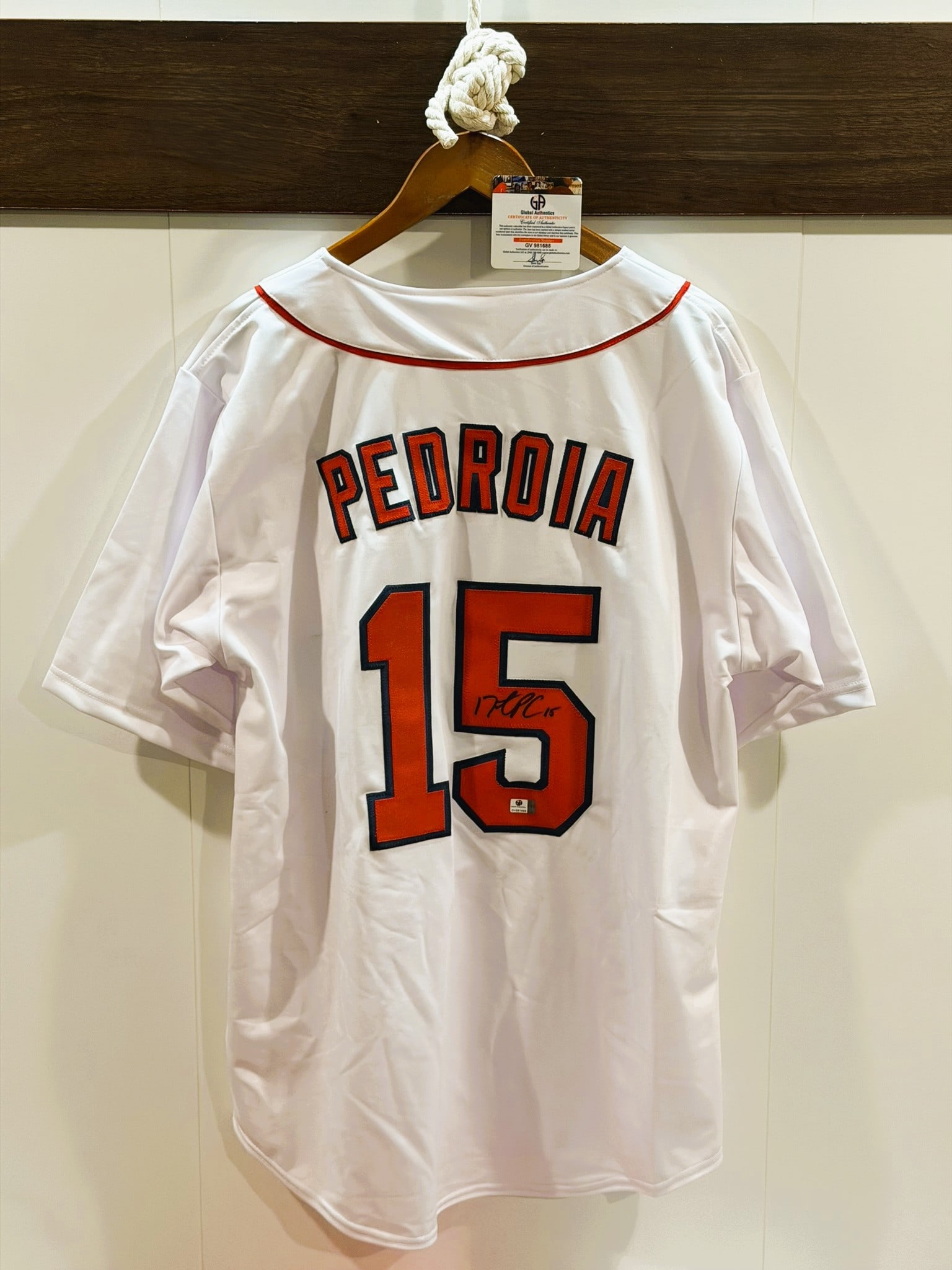 Dustin Pedroia Signed Boston Red Sox Custom Style Baseball Jersey Size XL Global Authentics COA: Officially hand-signed Dustin Pedroia Boston Red Sox custom style baseball jersey, size XL, accompanied by a Certificate of Authenticity. This white button-down jersey features the genuine signature o