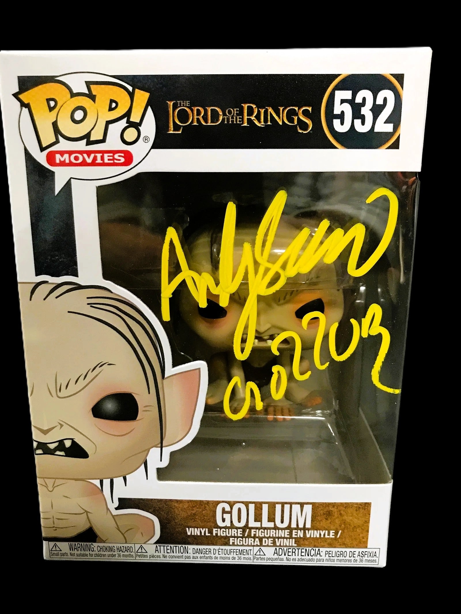 Andy Serkis Signed Funko Pop! "The Lord of the Rings: Gollum" #532 WWOC COA: Signed Funko Pop! Movies – The Lord of the Rings: Gollum (#532), autographed by Andy Serkis on the front window. A standout LOTR character piece, very displayable with the bold signature placeme