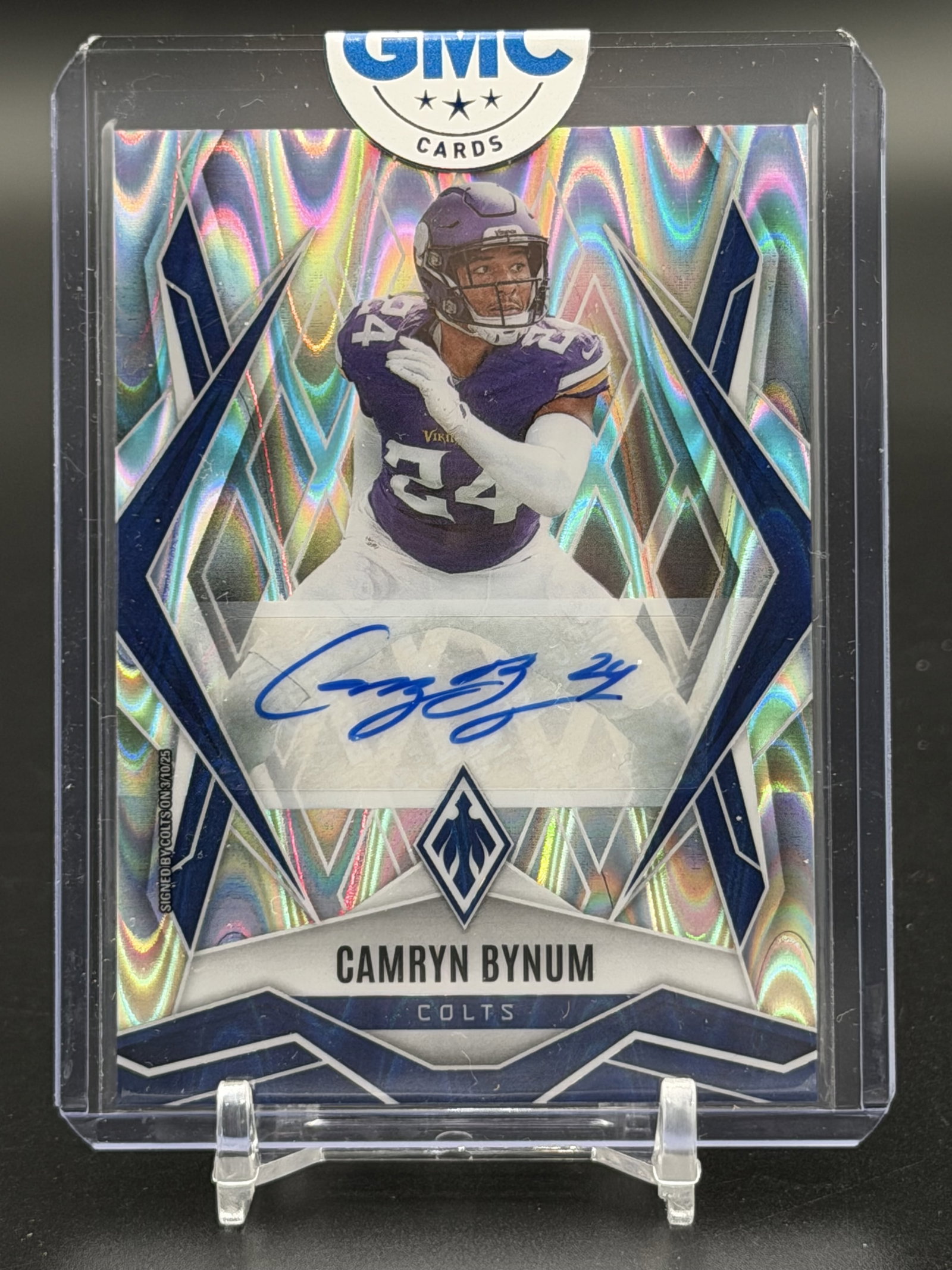 2025 Panini Phoenix Camryn Bynum Silver Prizm Auto 02/20 #24 Indianapolis Colts: Official 2025 Panini Phoenix autographed card featuring Camryn Bynum, safety for the Indianapolis Colts. This premium Silver Prizm parallel is serial numbered 02/20, making this the second of only 20 