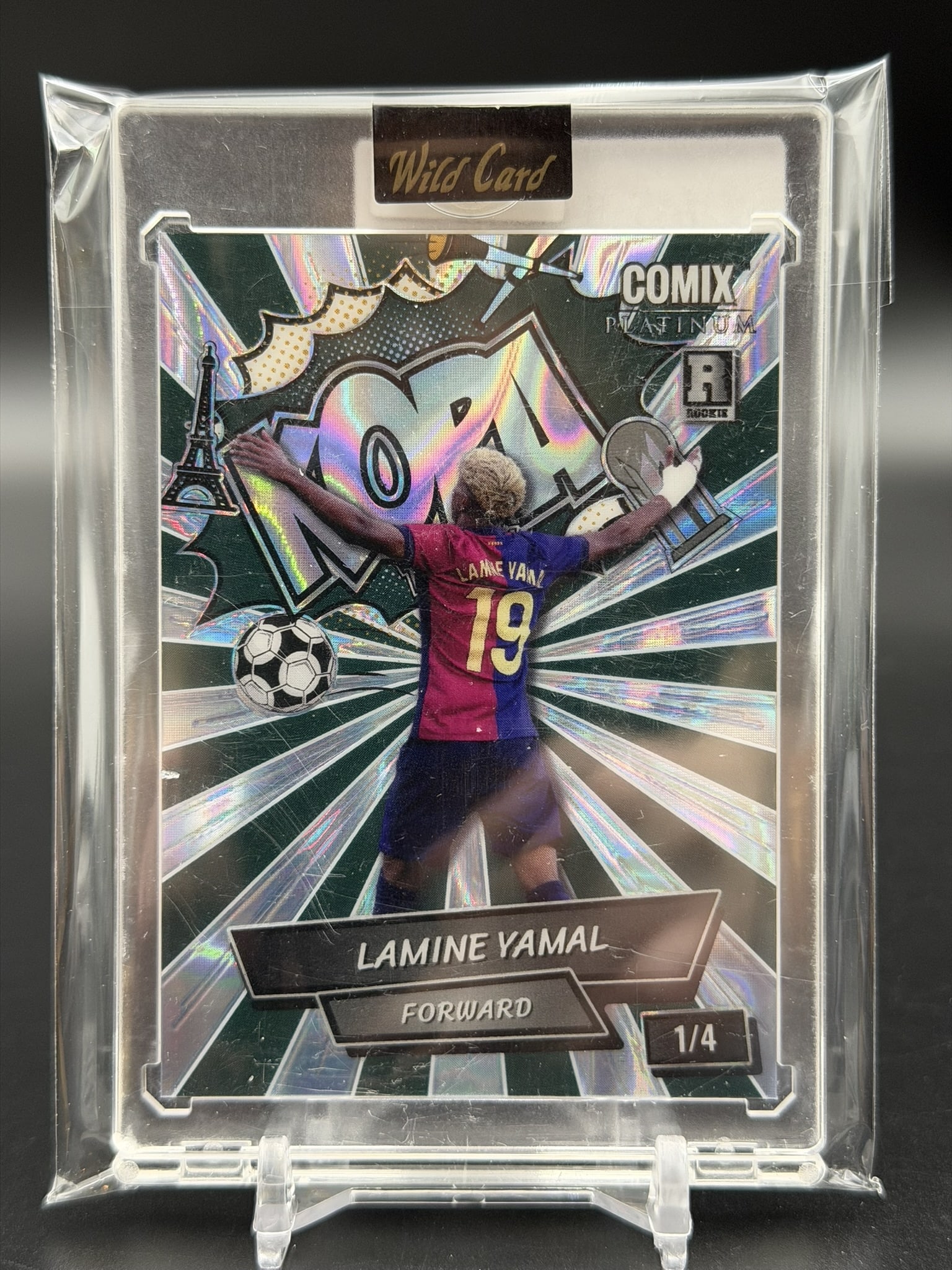 2024 Wild Card Comix Platinum Lamine Yamal Rookie Card 1/4 Barcelona: 2024 Wild Card Comix Platinum rookie trading card featuring Lamine Yamal, one of world football's brightest young stars. This eye-catching comic-inspired design showcases Yamal in his FC Barcelona kit