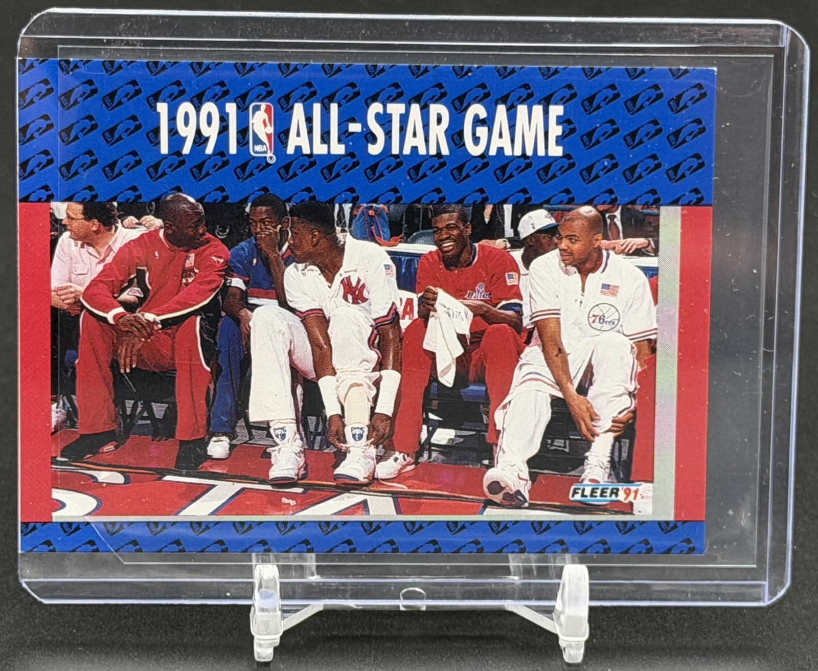 1991-92 Fleer All-Star Game Enemies - A Love Story #233 Michael Jordan Barkley Vintage Multi-Player: Vintage 1991-92 Fleer 1991 All-Star Game card #233 titled "Enemies – A Love Story," featuring iconic Hall of Famers. The front of this card showcases a candid horizontal bench photograph capturi