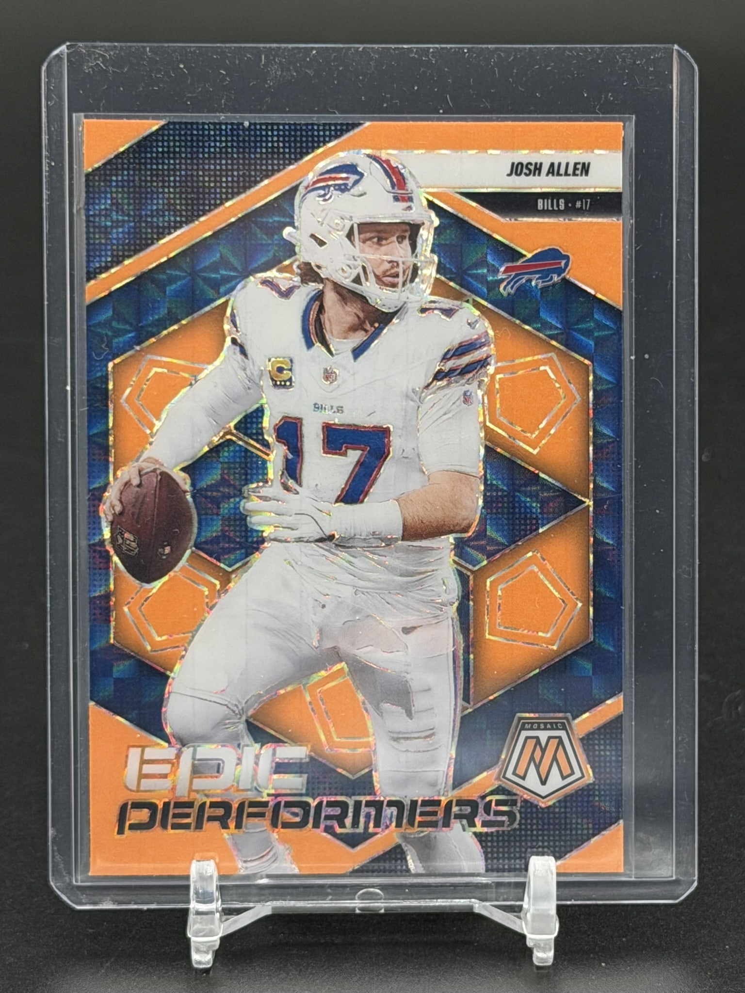 2025 Panini Mosaic Epic Performers Orange Mosaic Prizm Josh Allen Buffalo Bills Football Card: Dynamic 2025 Panini Mosaic Epic Performers Orange Mosaic Prizm card featuring superstar quarterback Josh Allen of the Buffalo Bills. This eye-catching insert showcases the vibrant Orange Mosaic Prizm 