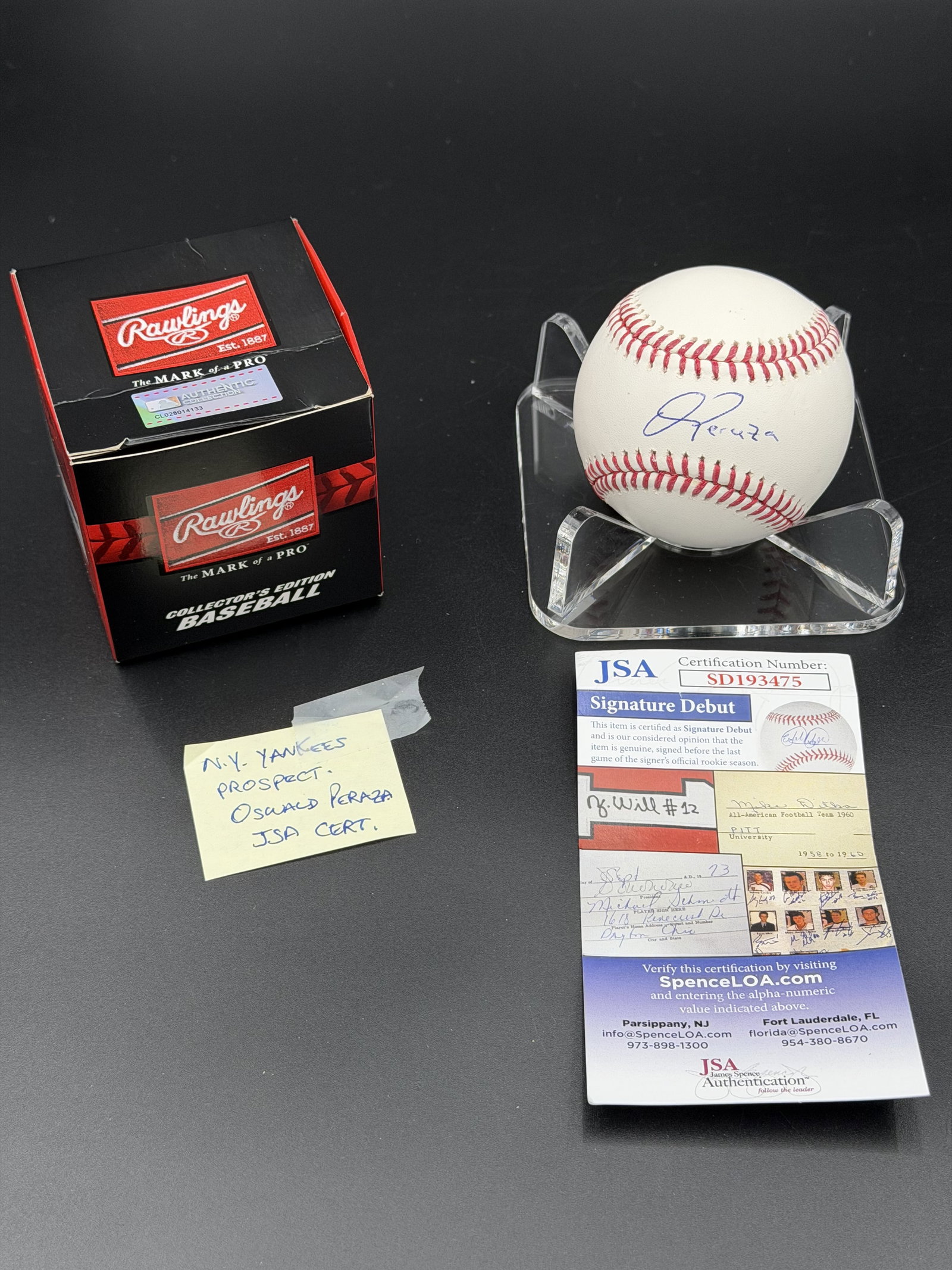 Oswald Peraza NY Yankees Prospect Signed Rawlings MLB Baseball JSA COA NIB: Rawlings MLB baseball signed in blue ink by New York Yankees prospect Oswald Peraza. Includes a JSA Certificate of Authenticity (COA) and/or matching authentication sticker with QR code as shown in th