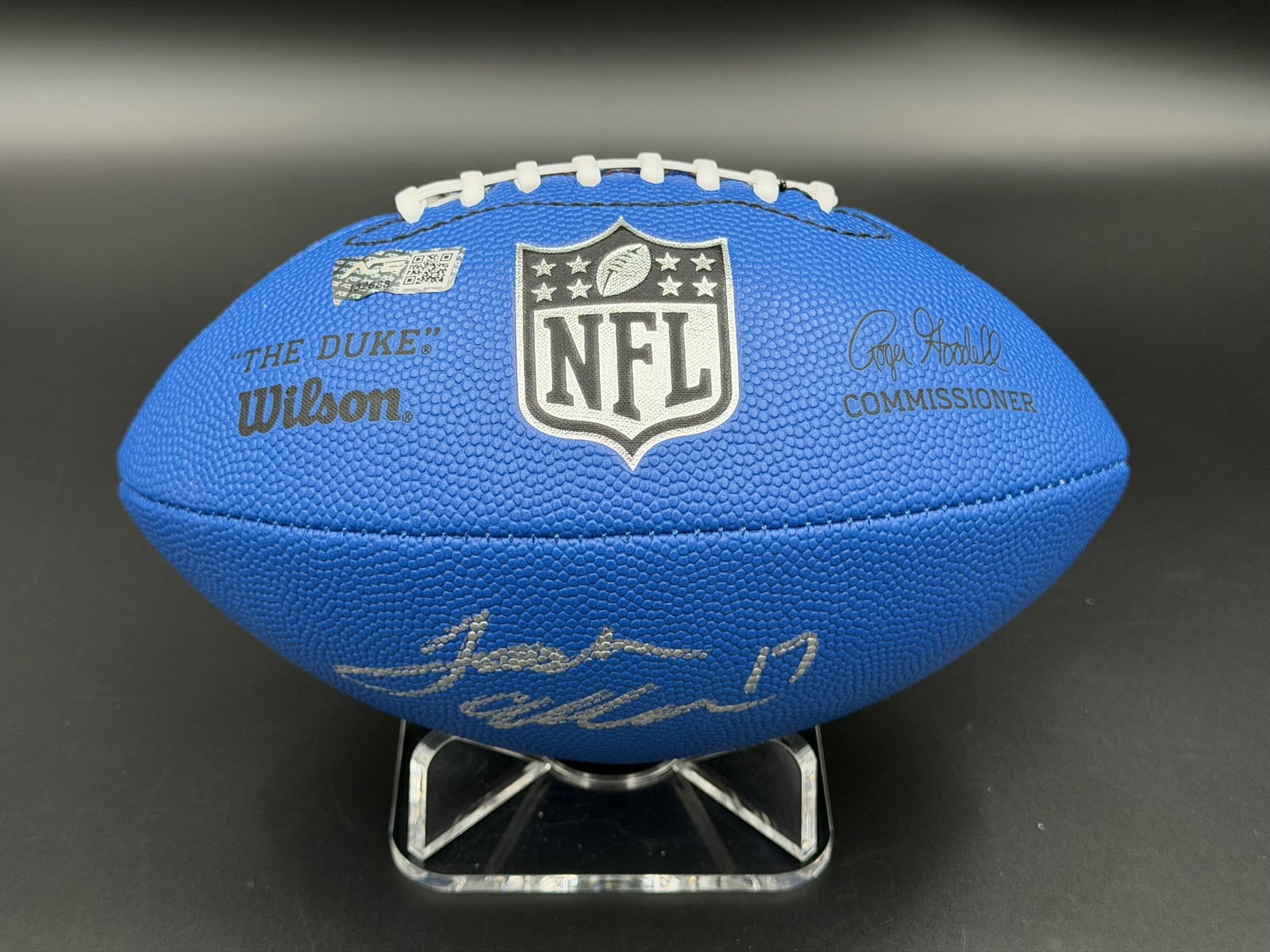 Josh Allen Signed Wilson NFL Football ACE COA NWOT: Wilson NFL football personally signed by Josh Allen in silver marker with number "17" inscription. The football features Wilson branding, NFL shield, and The Duke official football markings in a blue 