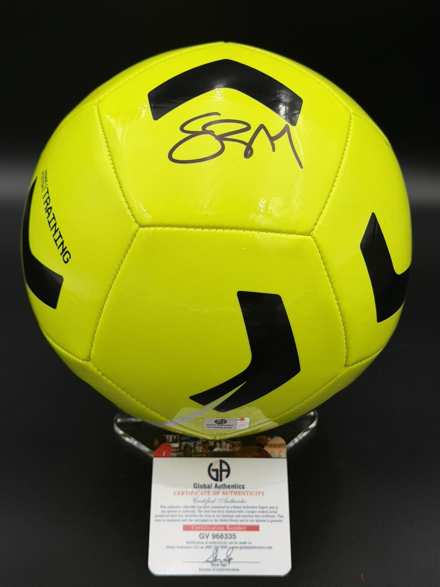Erling Haaland Signed Yellow Soccer Ball GA COA NWOT: Yellow soccer ball personally signed by Erling Haaland in black marker. The ball features a bright yellow and black panel design and includes a Global Authentics Certificate of Authenticity (COA) and/