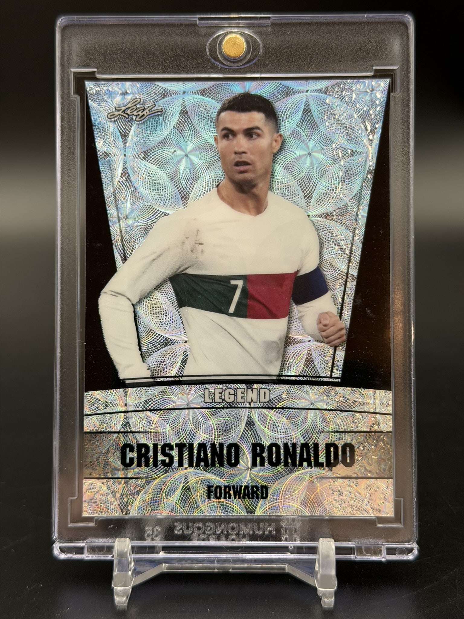 2023 Leaf Legend Cristiano Ronaldo Silver 3/7 SSP: 2023 Leaf Legend Cristiano Ronaldo Silver 3/7 SSP Rare 2023 Leaf Legend trading card featuring football icon Cristiano Ronaldo in Portugal colors. This Silver parallel is individually serial numbered 