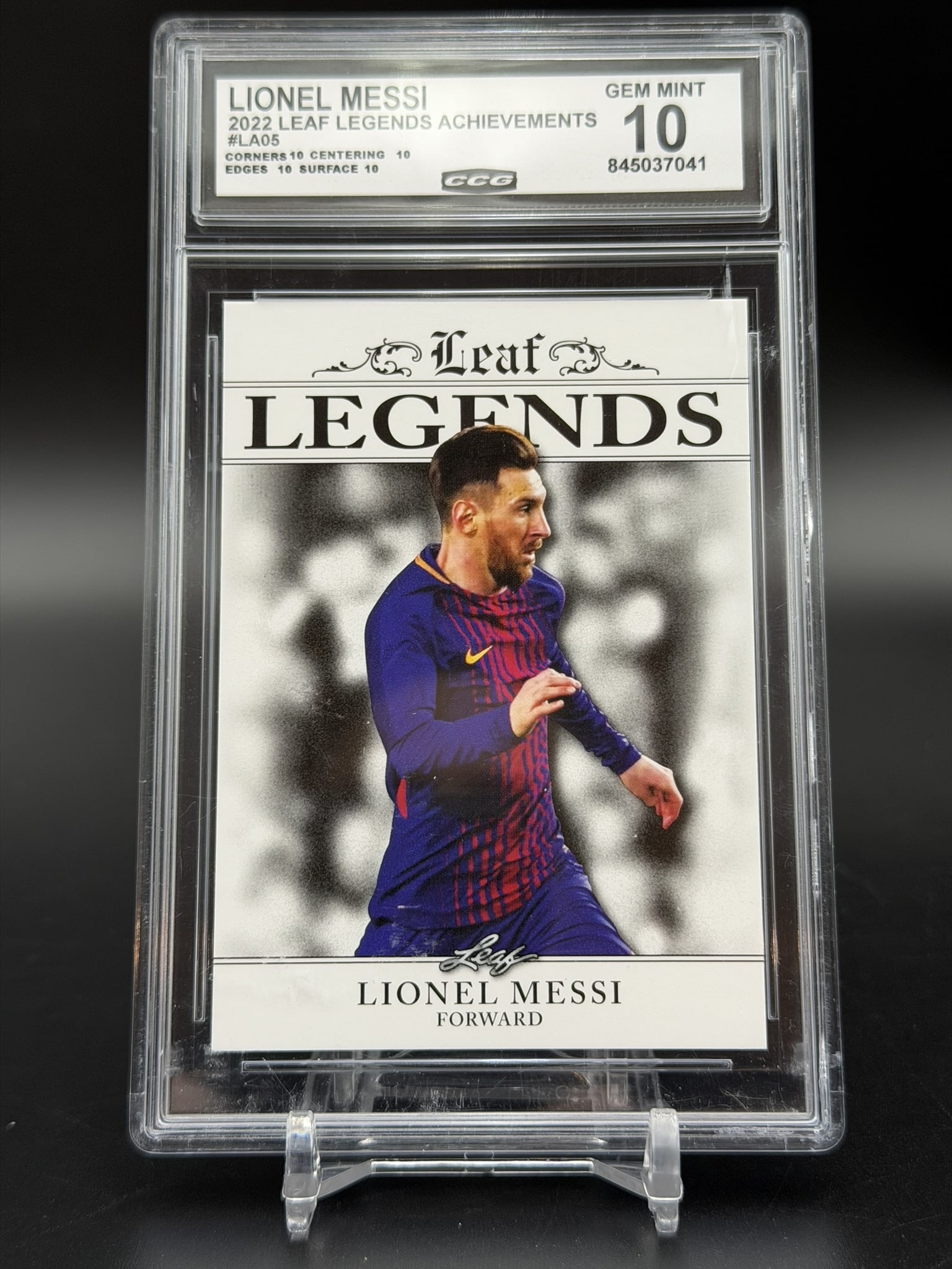 2022 Leaf Legends Achievements Lionel Messi #LA05 CCG Gem Mint 10 Soccer Card: Professionally graded CCG Gem Mint 10 2022 Leaf Legends Achievements Lionel Messi card (#LA05) celebrating one of football’s greatest players. This premium Leaf Legends issue features Messi in h
