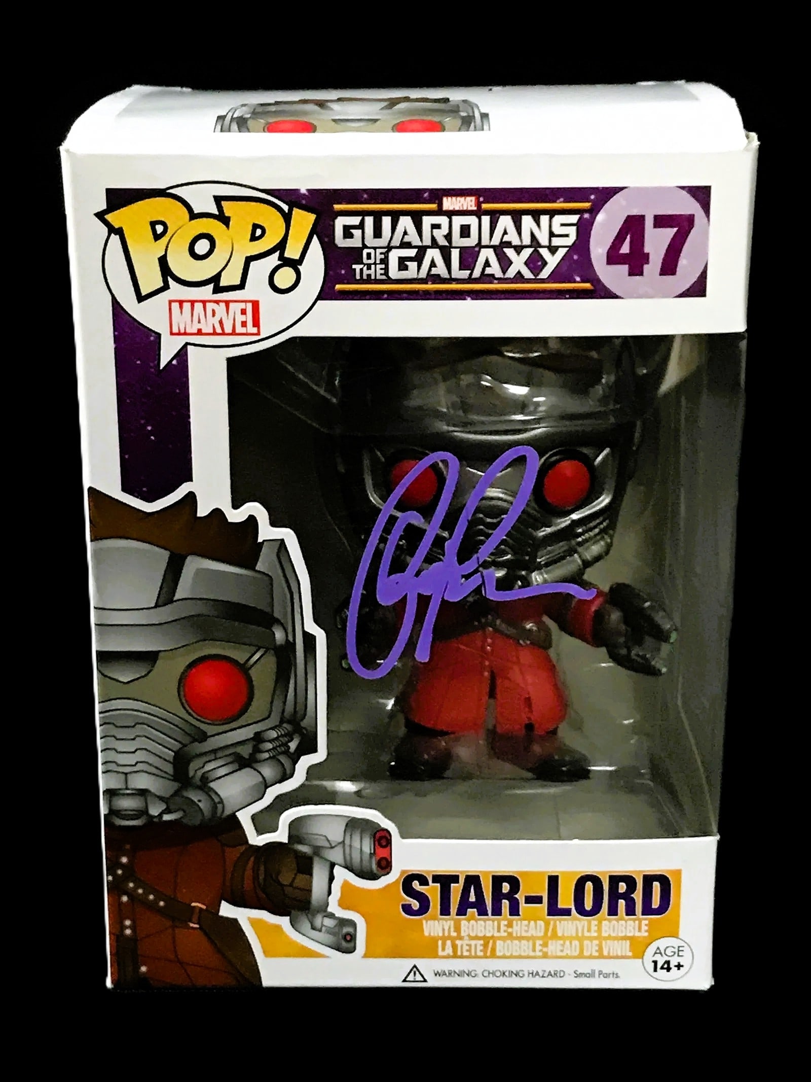 Chris Pratt Signed Star–Lord Funko Pop! #47 KB COA: Autographed Funko Pop! Star–Lord (#47) from Guardians of the Galaxy, signed by Chris Pratt in purple paint pen on the front window (see photos). Includes KB COA. Great crossover appeal between M