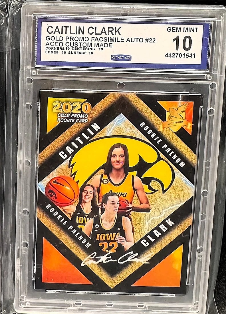 2020 Caitlin Clark "Gold Promo" Facsimile Auto #22 ACEO – CCG GEM MINT 10 – Iowa RC: An exceptional sports collectible: a pristine CCG GEM MINT 10 example of Caitlin Clark’s 2020 "Gold Promo" facsimile autograph ACEO rookie card. The composition features a sophisticated, Iowa&nd