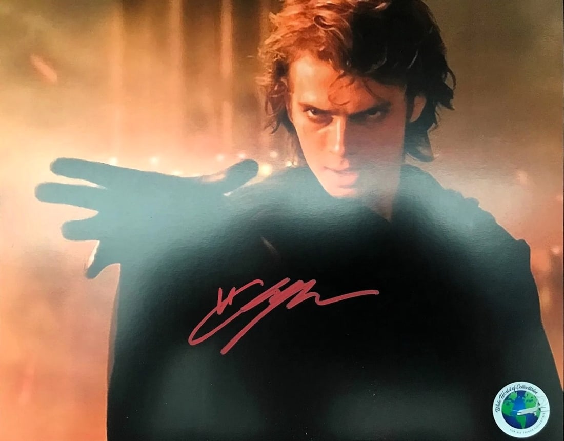 Hayden Christensen Signed Star Wars Photo 8" x 10" COA: Glossy Star Wars 8x10 photo signed by Hayden Christensen in prominent red paint pen (WWOC COA included; see photos). A clean, display–ready autograph piece for any Star Wars collection. Highligh