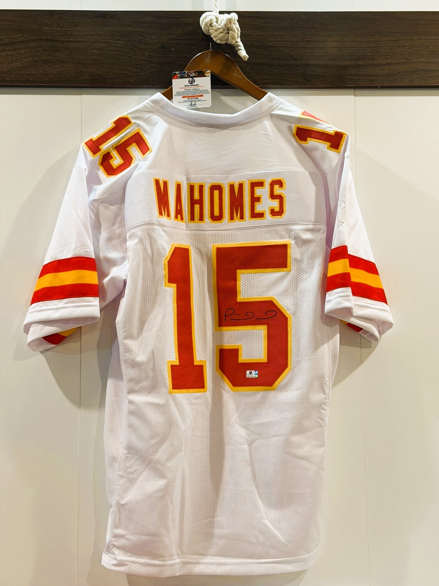 Patrick Mahomes Signed Chiefs #15 NFL Jersey GA COA Sz XL NWOT: Kansas City Chiefs football jersey personally signed by Patrick Mahomes in black marker across the reverse number "15." The jersey features Mahomes nameplate, player number 15, Chiefs team colors, and