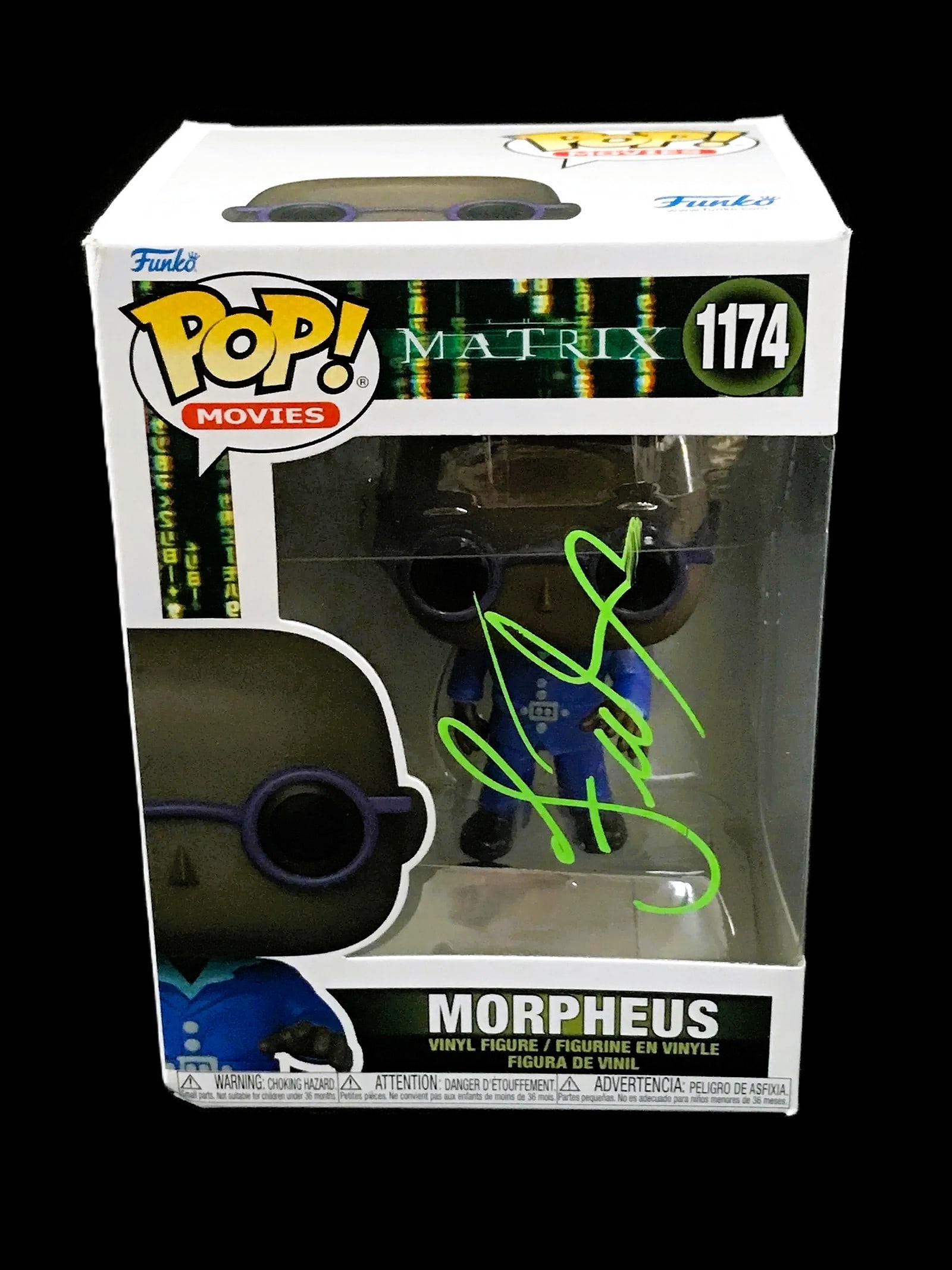 Laurence Fishburne Signed Morpheus Funko Pop! #1174 (The Matrix) KB COA: Autographed Funko Pop! Morpheus (#1174) from The Matrix universe, signed by Laurence Fishburne in green paint pen on the box window (see photos). Includes KB COA. A top–tier sci–fi autogra