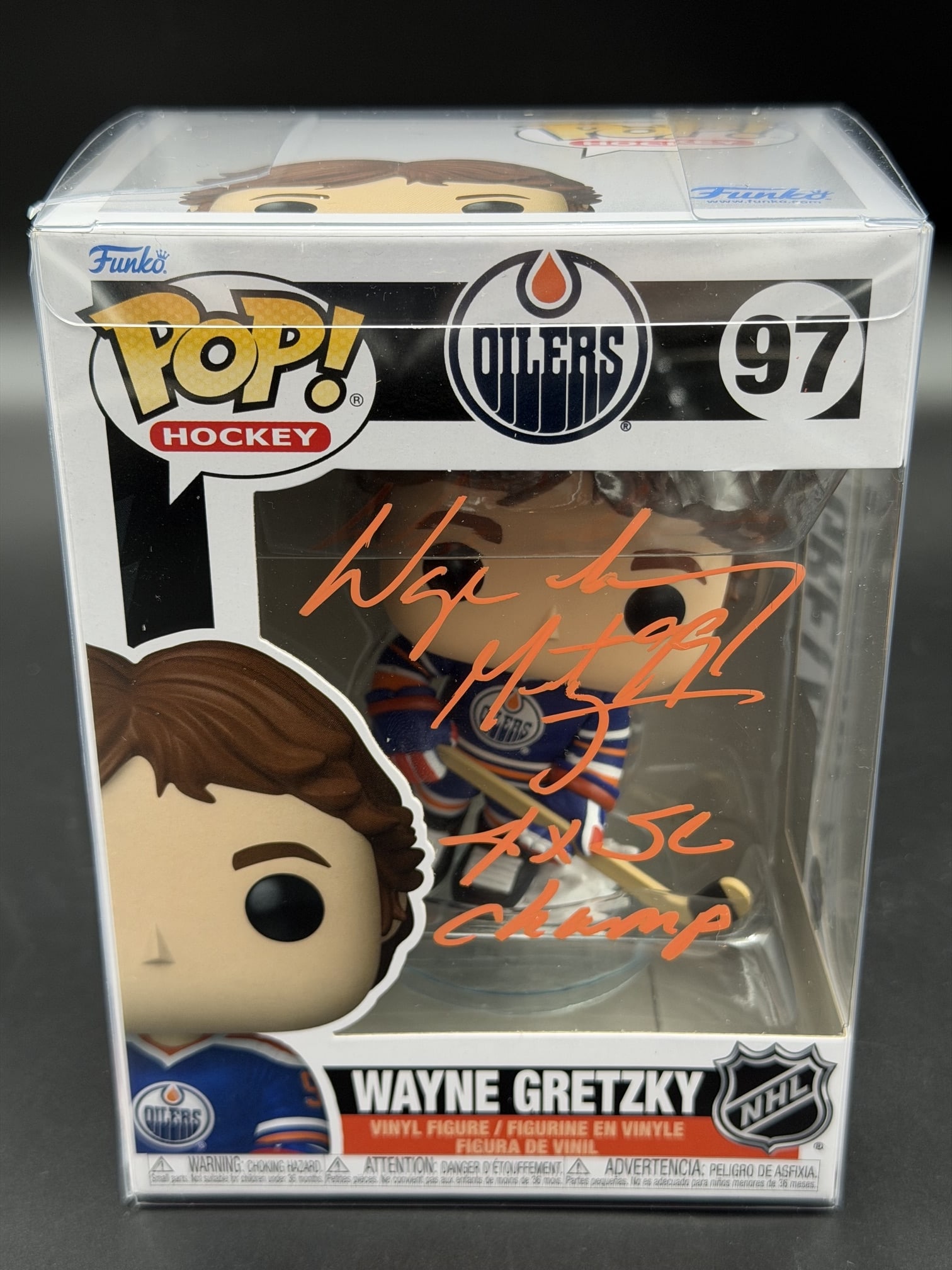Autographed & Inscribed Wayne Gretzky Edmonton Oilers Funko Pop! #97 Vinyl Figure Fanatics COA: Official Funko Pop! Hockey #97 vinyl figure depicting Wayne Gretzky in his classic Edmonton Oilers uniform, personally signed and inscribed in orange paint marker across the front window of the origin