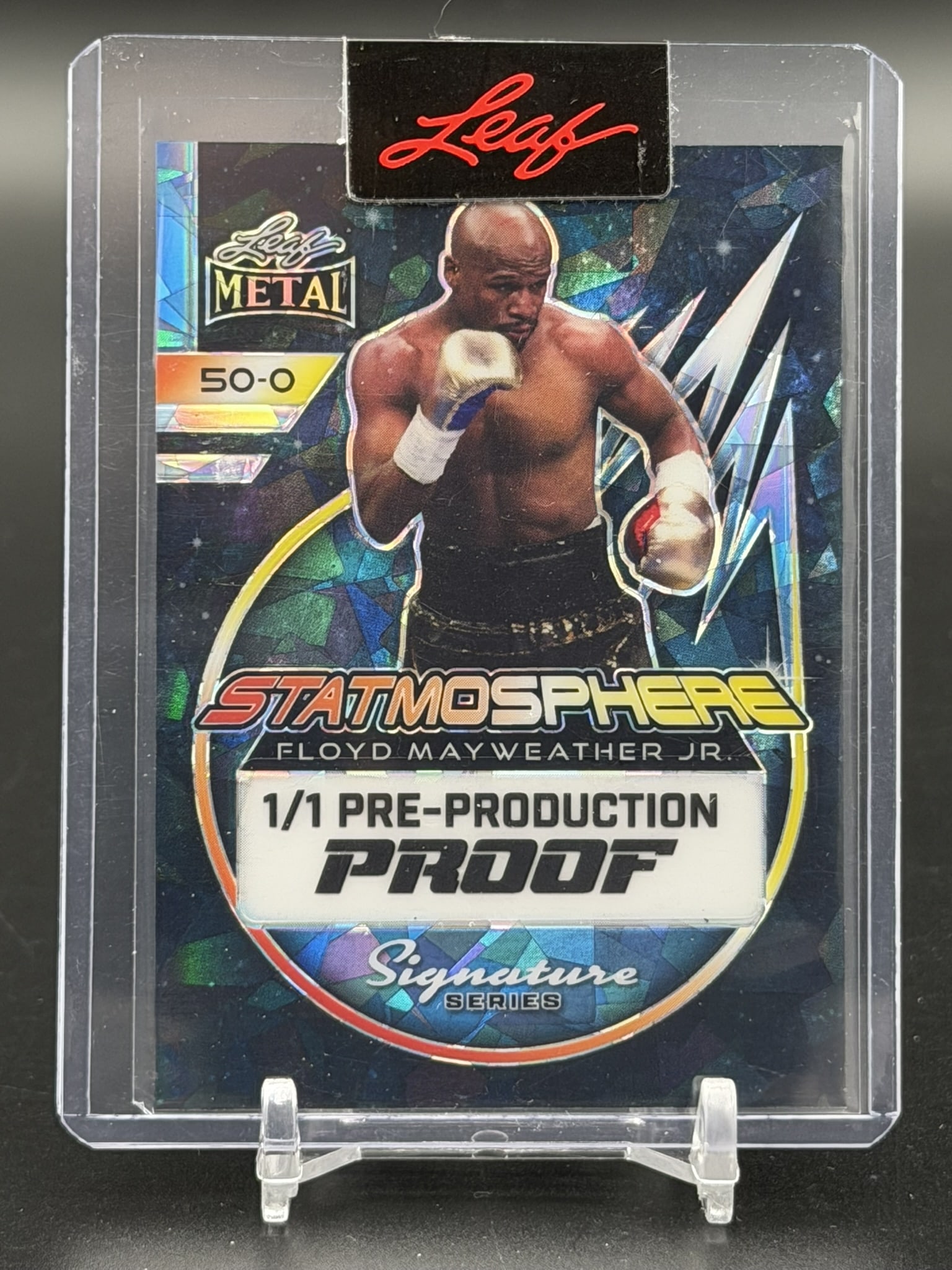 Floyd Mayweather Jr. Leaf Metal 50–0 Signature Series 1/1 Pre–Production Proof (1 of 3)