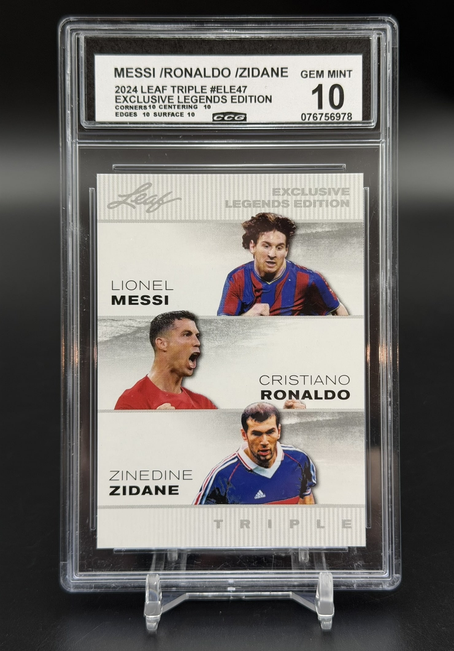 2024 Leaf Exclusive Legends Triple Lionel Messi Cristiano Ronaldo Zinedine Zidane CCG Gem Mint 10: Professionally graded CCG Gem Mint 10 2024 Leaf Exclusive Legends Edition Triple soccer card (#ELE-47) featuring three of football’s greatest icons: Lionel Messi, Cristiano Ronaldo, and Zinedine
