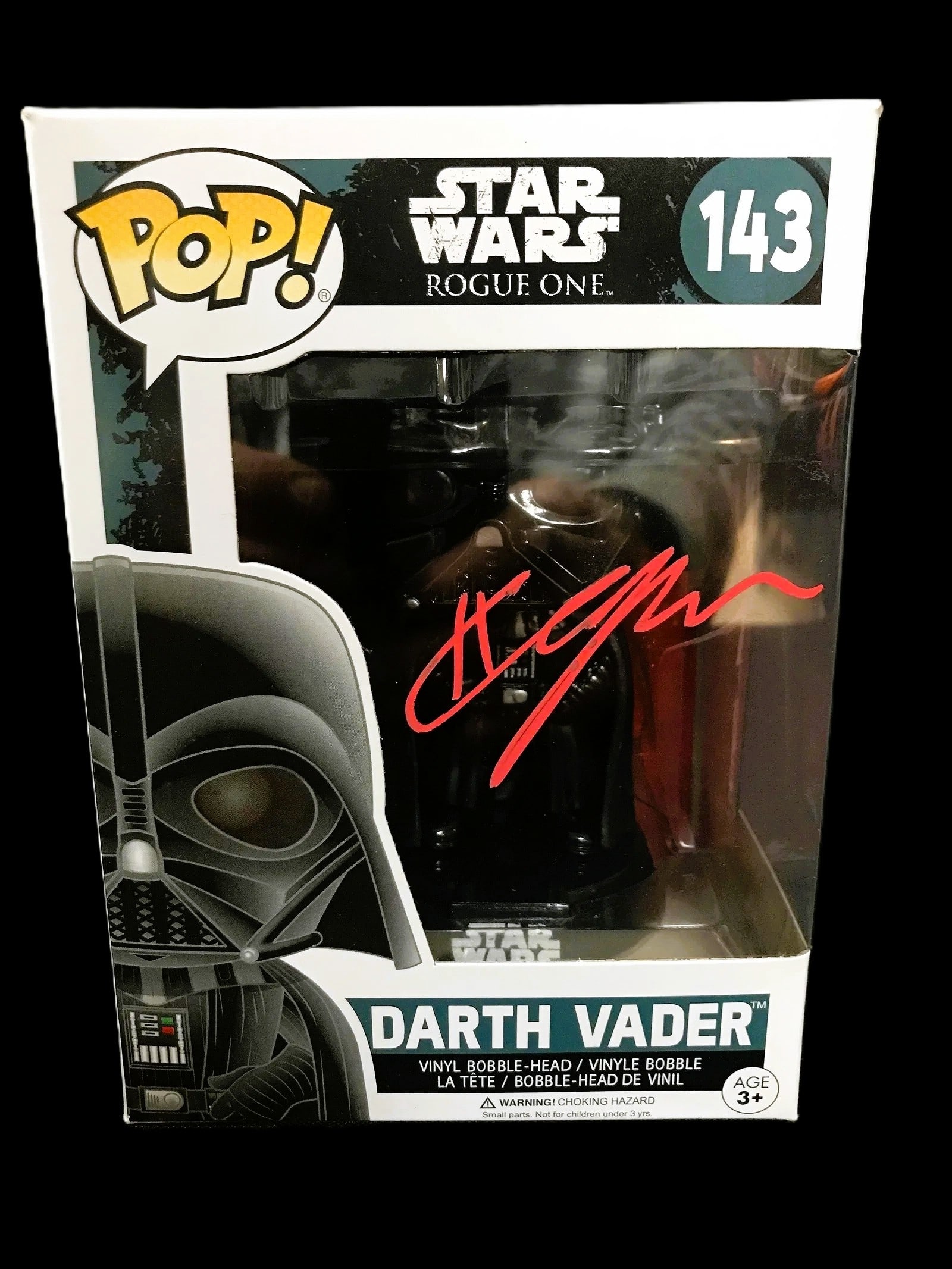 Hayden Christensen Signed Vader Star Wars Funko Pop! #143 COA: Autographed Funko Pop! Star Wars collectible: Darth Vader (Pop #143) signed in bold paint pen by Hayden Christensen. Presented in its original display box. Includes WWOC COA as shown in photos. Highli