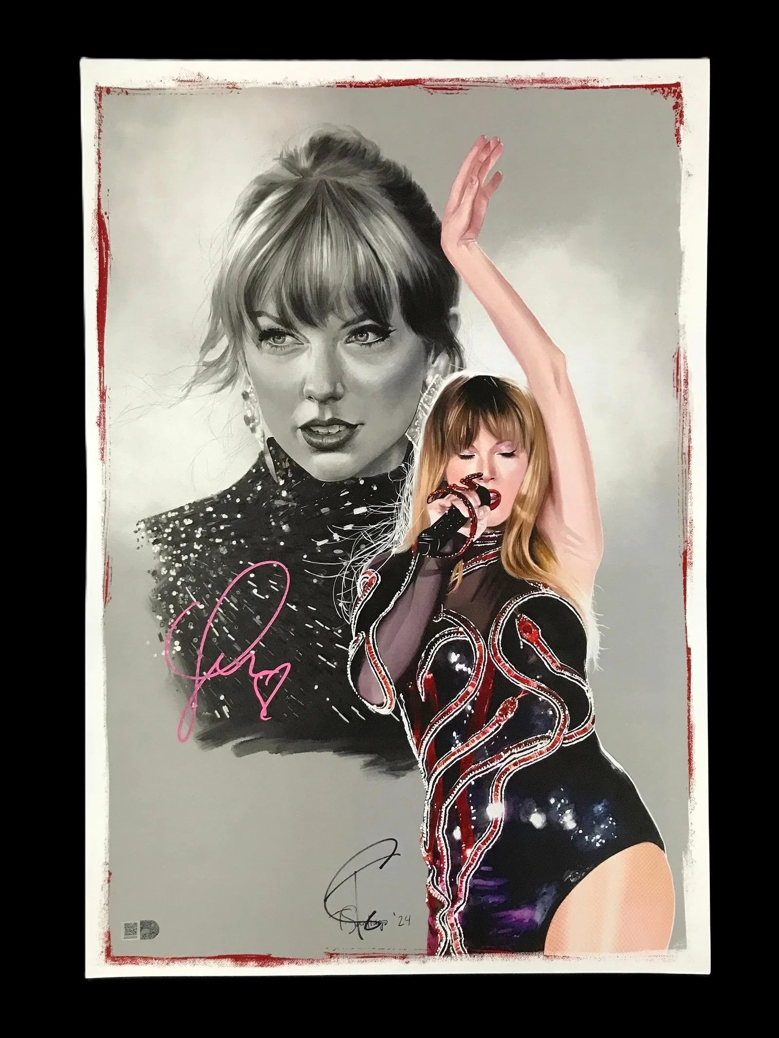 Taylor Swift & Tony Santiago Signed 11"x18" Lithograph COA: Large–format 11 x 18 Swift art lithograph signed by Swift (pink) and co–signed by Tony Santiago (black), with COA. Striking mixed–media style image (see photos). Highlights 11 x 18 T