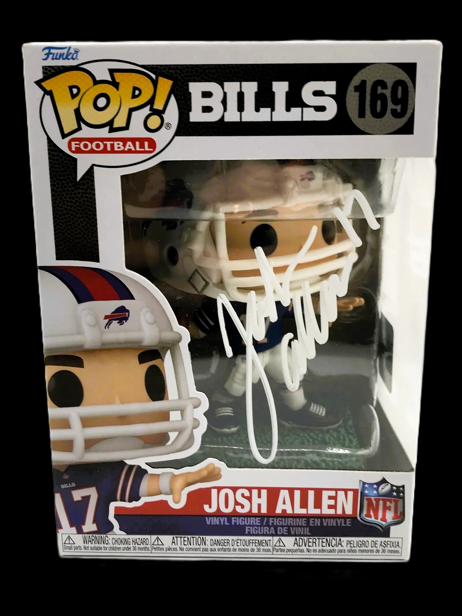 Josh Allen Signed Funko Pop! Football #169 – COA: A highly collectible signed Funko Pop! Football #169 featuring Buffalo Bills quarterback Josh Allen. The Pop! figure remains sealed in its original display box and is boldly signed in white paint pen 