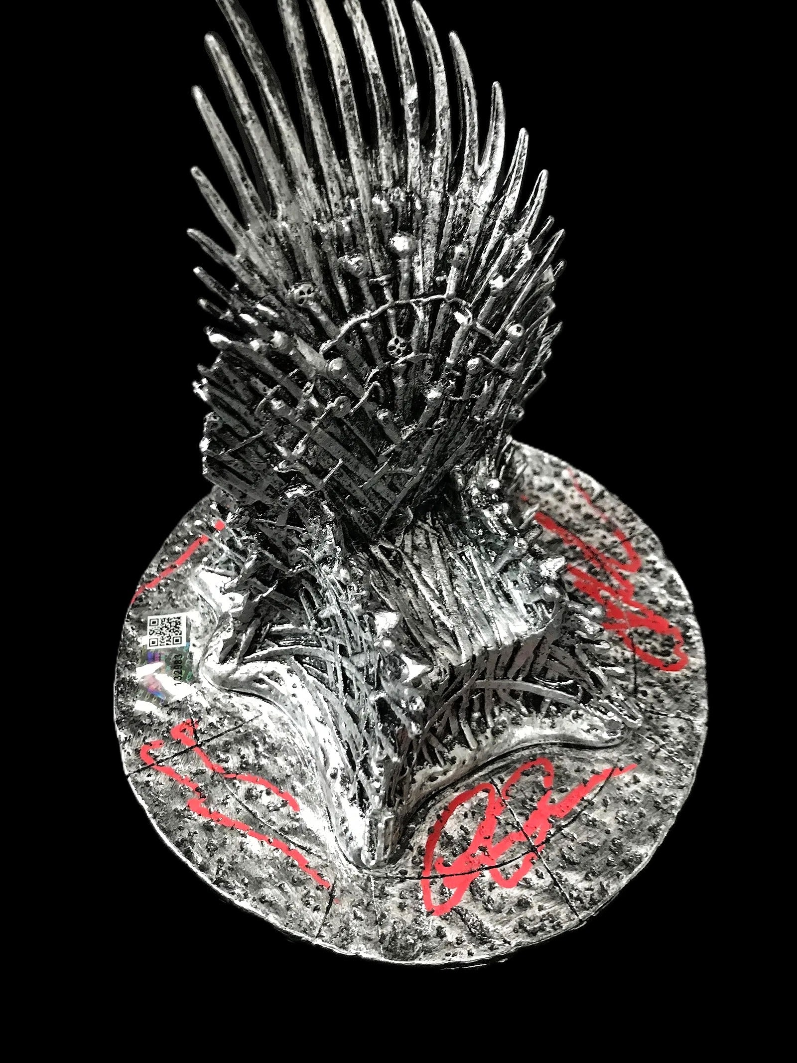 Game of Thrones "Iron Throne" Statue Quad–Signed by McCann, Momoa, Dinklage, & Harington COA: Metallic–finish "Iron Throne" miniature statue signed in red paint pen by Rory McCann (Clegane), Jason Momoa, Peter Dinklage, and Kit Harington. Includes COA. Highlights Game of Thrones themed I