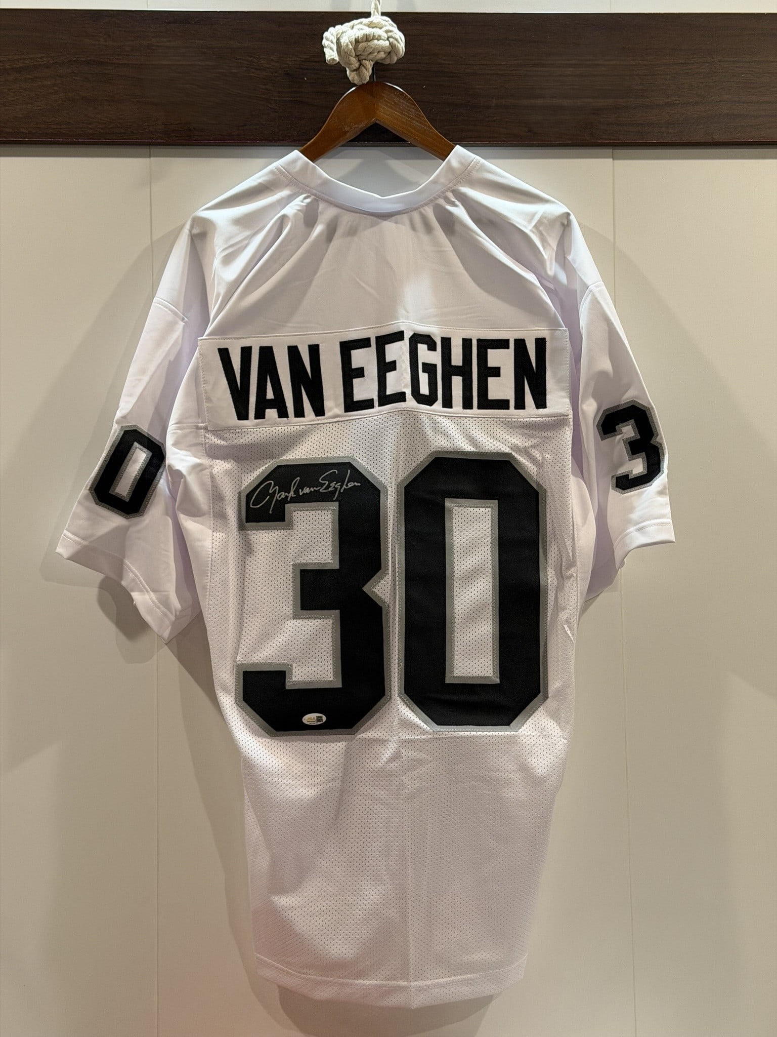Mark Van Eeghen Signed Raiders #30 NFL Jersey JSA COA NWOT: Oakland (now Las Vegas) Raiders football jersey personally signed by Mark Van Eeghen in black marker across the reverse number "30." The jersey features Van Eeghen nameplate, player number 30, and Rai