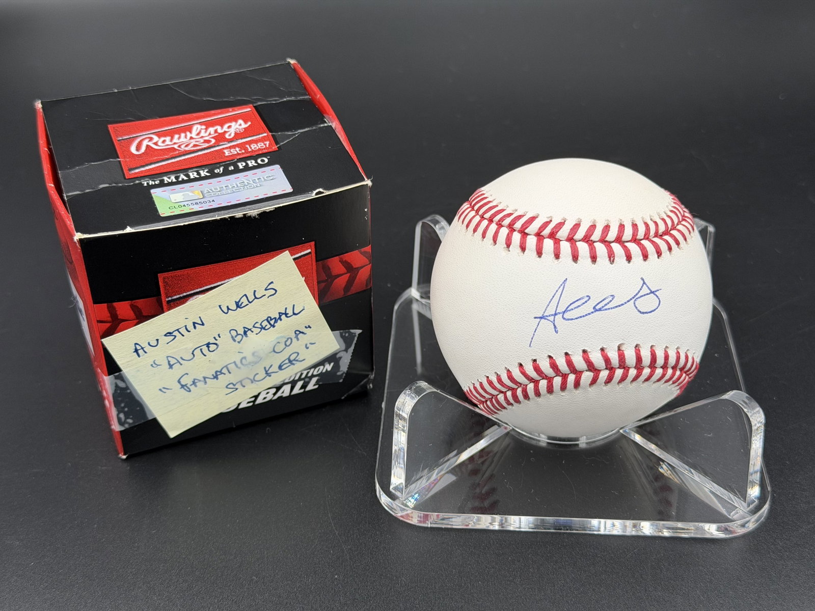 Austin Wells Signed Rawlings MLB Baseball Fanatics COA NIB: Rawlings MLB baseball signed in blue ink by Austin Wells. Includes a Fanatics Certificate of Authenticity (COA) and/or matching authentication sticker with QR code as shown in the accompanying photogr