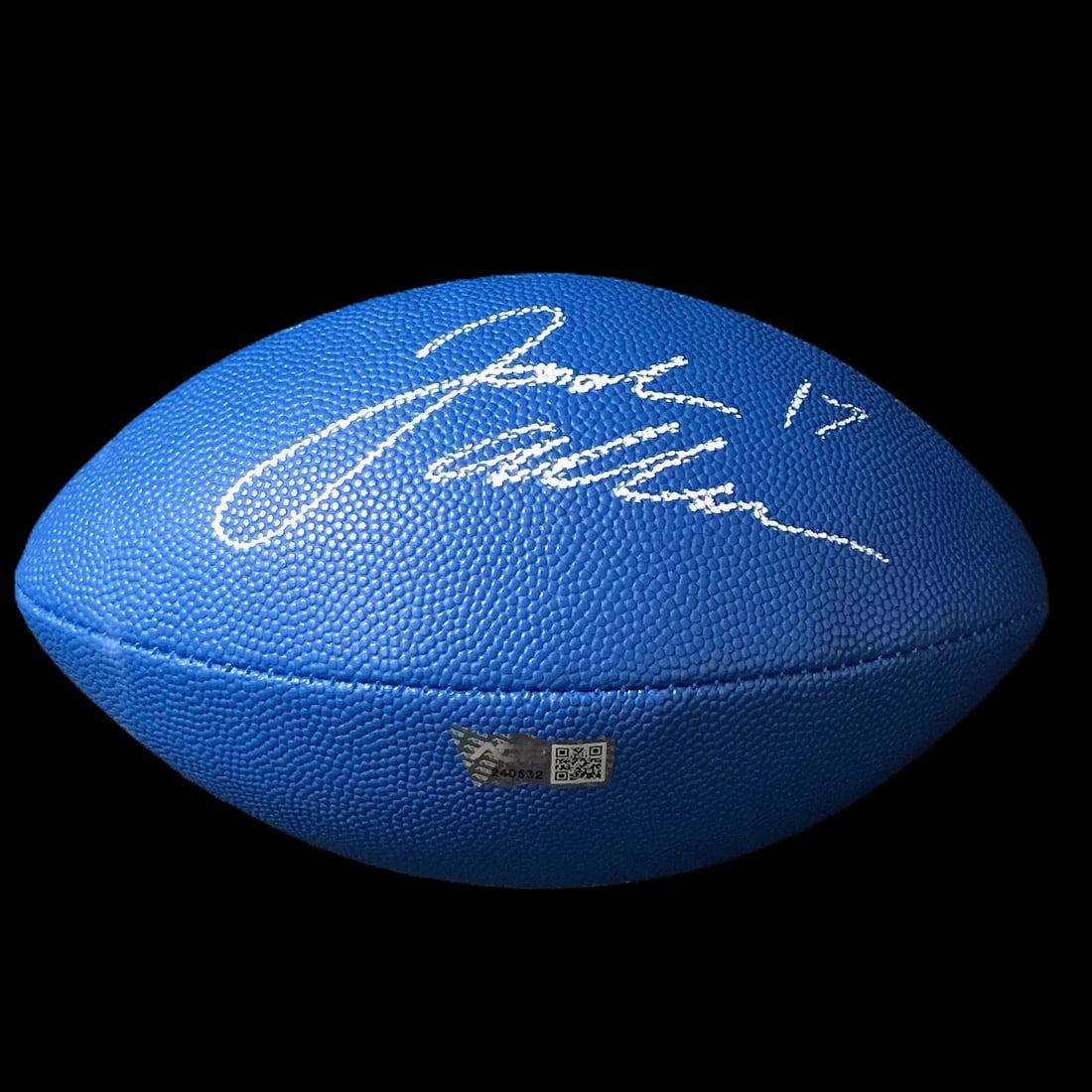 Josh Allen Signed Wilson "The Duke" NFL Football – ACE COA: A striking blue Wilson "The Duke" NFL–style football personally signed by Josh Allen in bold white paint pen. The autograph stretches cleanly across the primary panel with number inscription "17