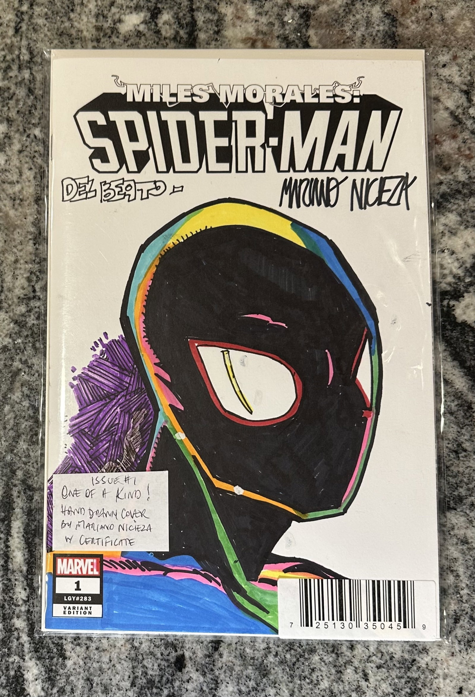 Miles Morales: Spider–Man #1, 1/1 Art Cover Signed/Remarked by J. Del Beato & M. Nicieza OOAK: A standout modern collectible featuring Miles Morales: Spider–Man: Issue #1, offered as a one–of–a–kind presentation with signed/remarked contributions credited to Joe Del Beat