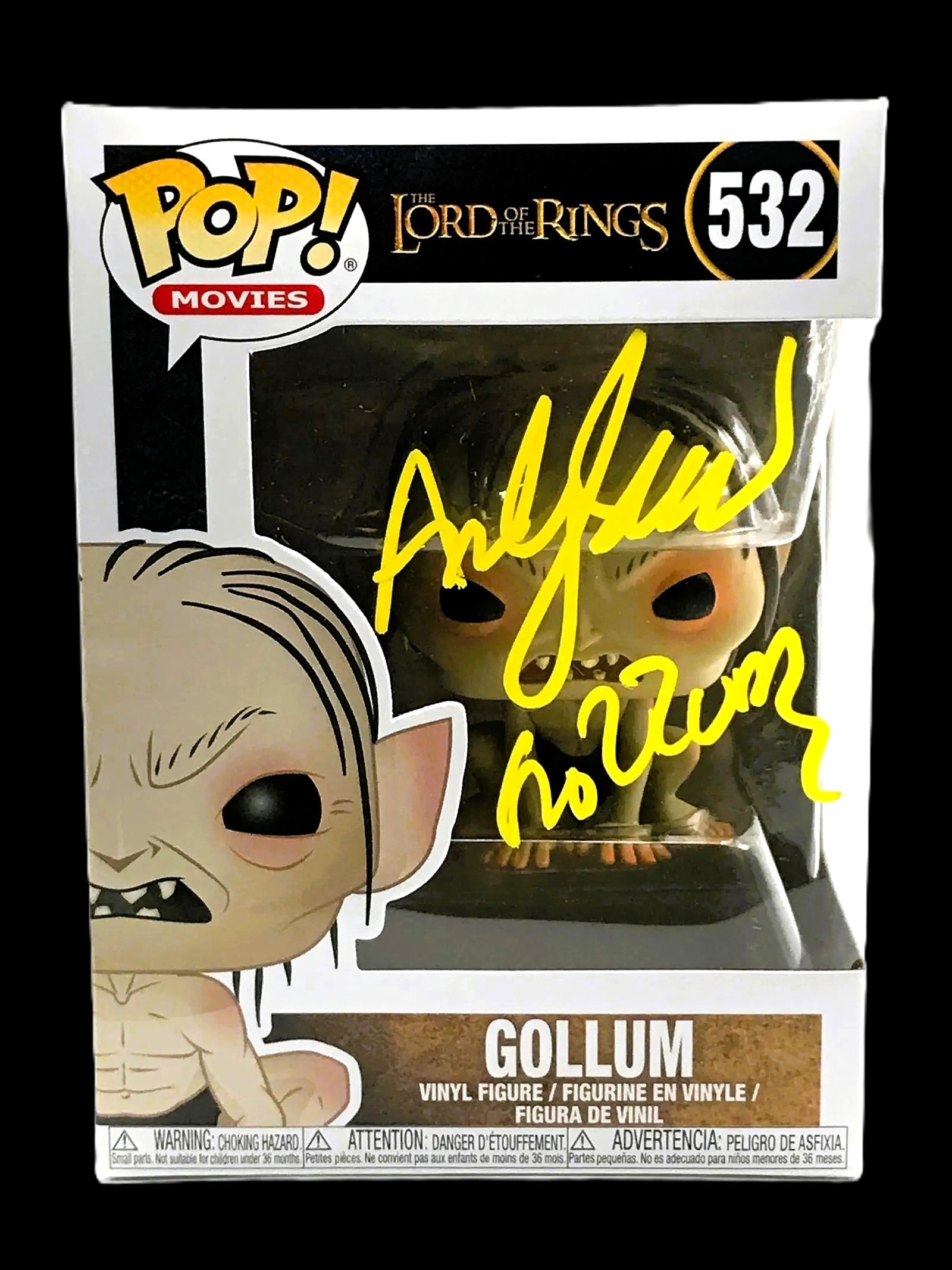 Andy Serkis Signed Funko Pop! "The Lord of the Rings: Gollum" #532 WWOC COA: Signed Funko Pop! Movies – The Lord of the Rings: Gollum (#532), autographed by Andy Serkis on the front window. A standout LOTR character piece, very displayable with the bold signature placeme