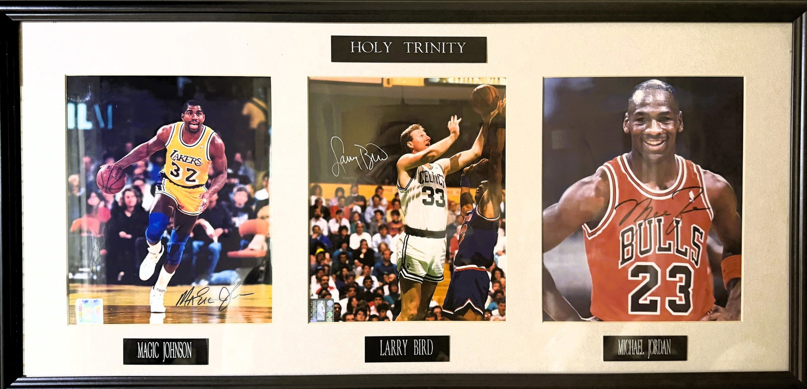 HOLY TRINITY: Magic Johnson, Larry Bird, Michael Jordan Framed Triple Autographed Display 30" x 16" (1 of 17)