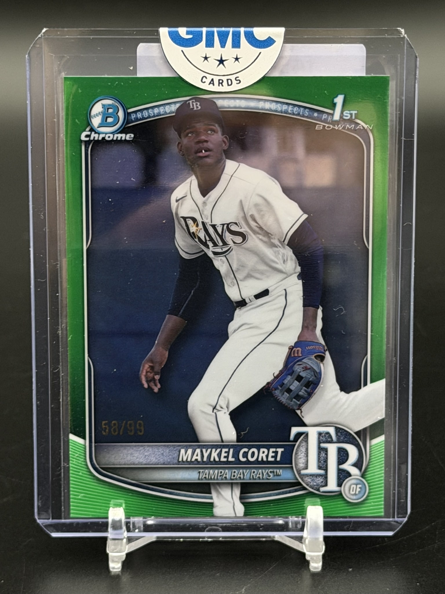 2025 Bowman Chrome 1st Maykel Coret Green Refractor #BCP-240 Rays 58/99: Official 2025 Topps Bowman Chrome 1st Bowman Green Refractor card featuring Maykel Coret, outfield prospect for the Tampa Bay Rays. Card #BCP-240 is individually serial-numbered 58/99, making it a lim