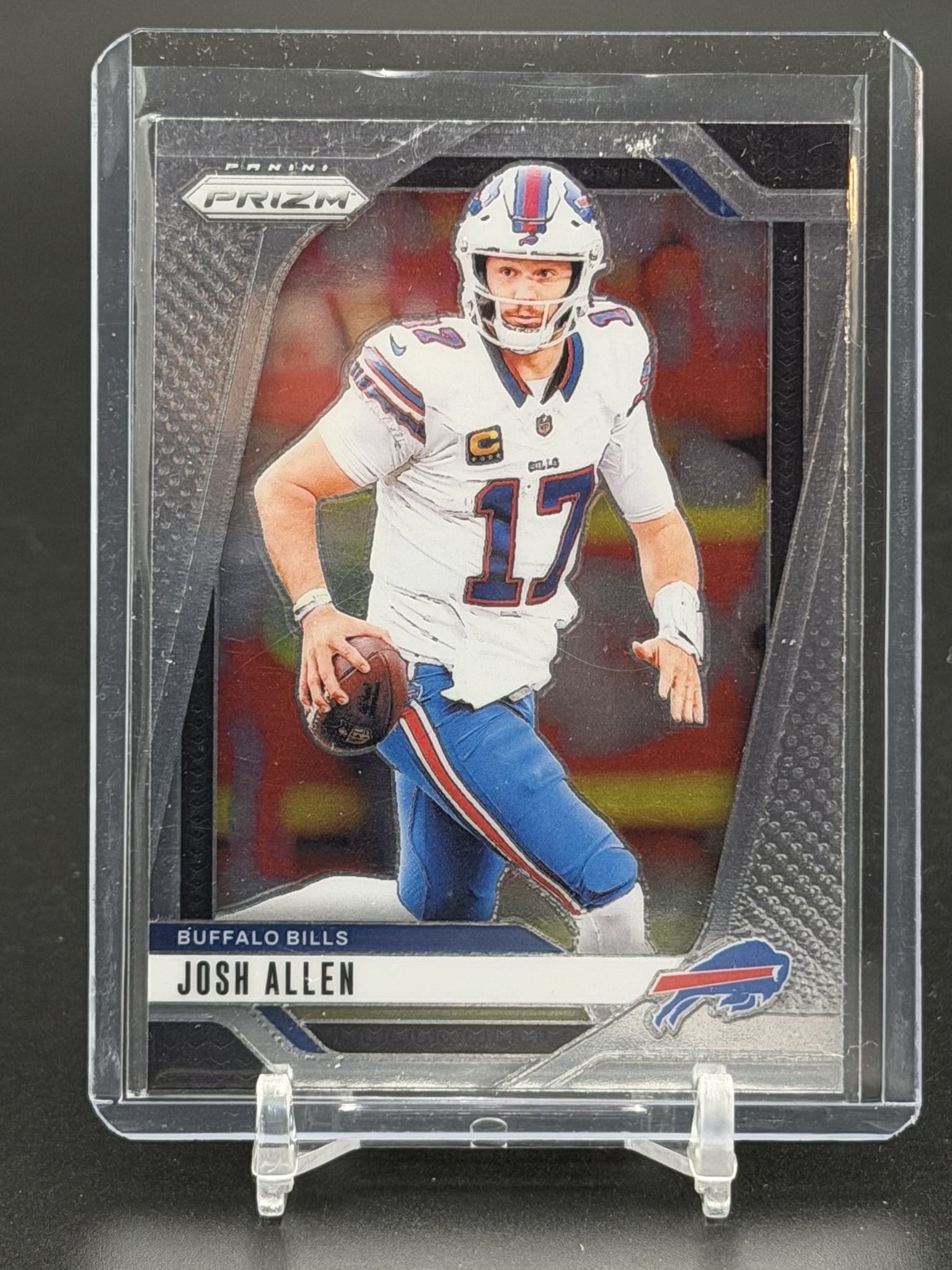 2024 Panini Prizm Josh Allen Buffalo Bills Football Card: Clean 2024 Panini Prizm card featuring superstar quarterback Josh Allen of the Buffalo Bills. One of the flagship releases in the hobby, Panini Prizm is renowned for its premium chromium finish and re