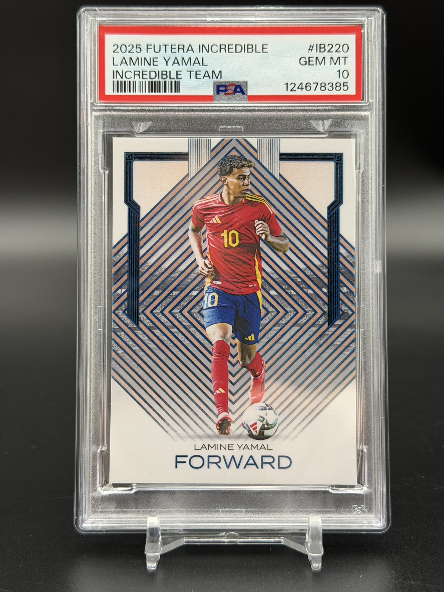 PSA 10 Gem Mint 2025 Futera Incredible Lamine Yamal Incredible Team #IB220 /27: Professionally graded PSA Gem Mint 10 2025 Futera Incredible Incredible Team trading card featuring Lamine Yamal, one of football's brightest young stars. This premium insert showcases Yamal in Spain'